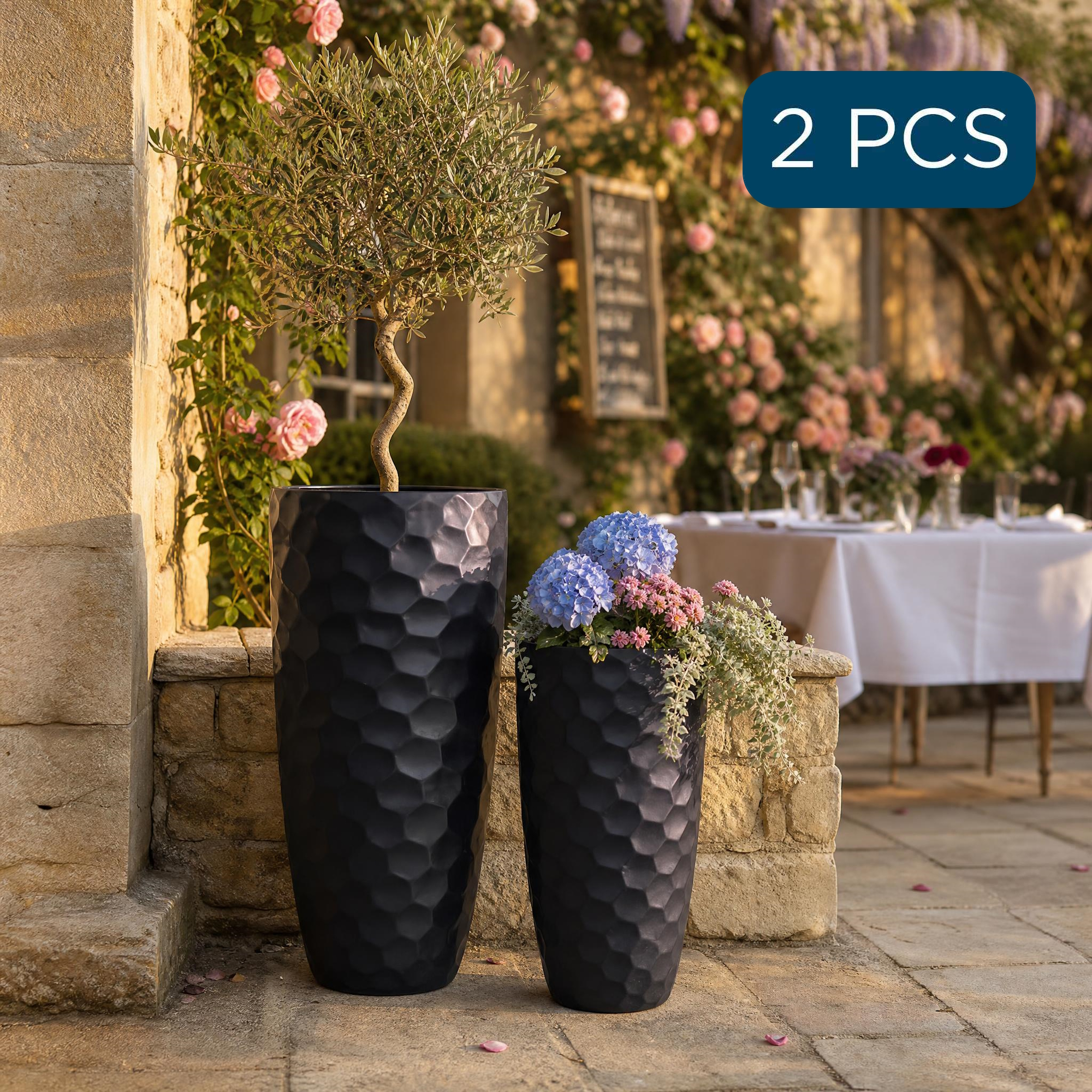 Set of 2 IDEALIST Lite Mosaic Style Black Tall Round Vase Planters Outdoor Plant Pots