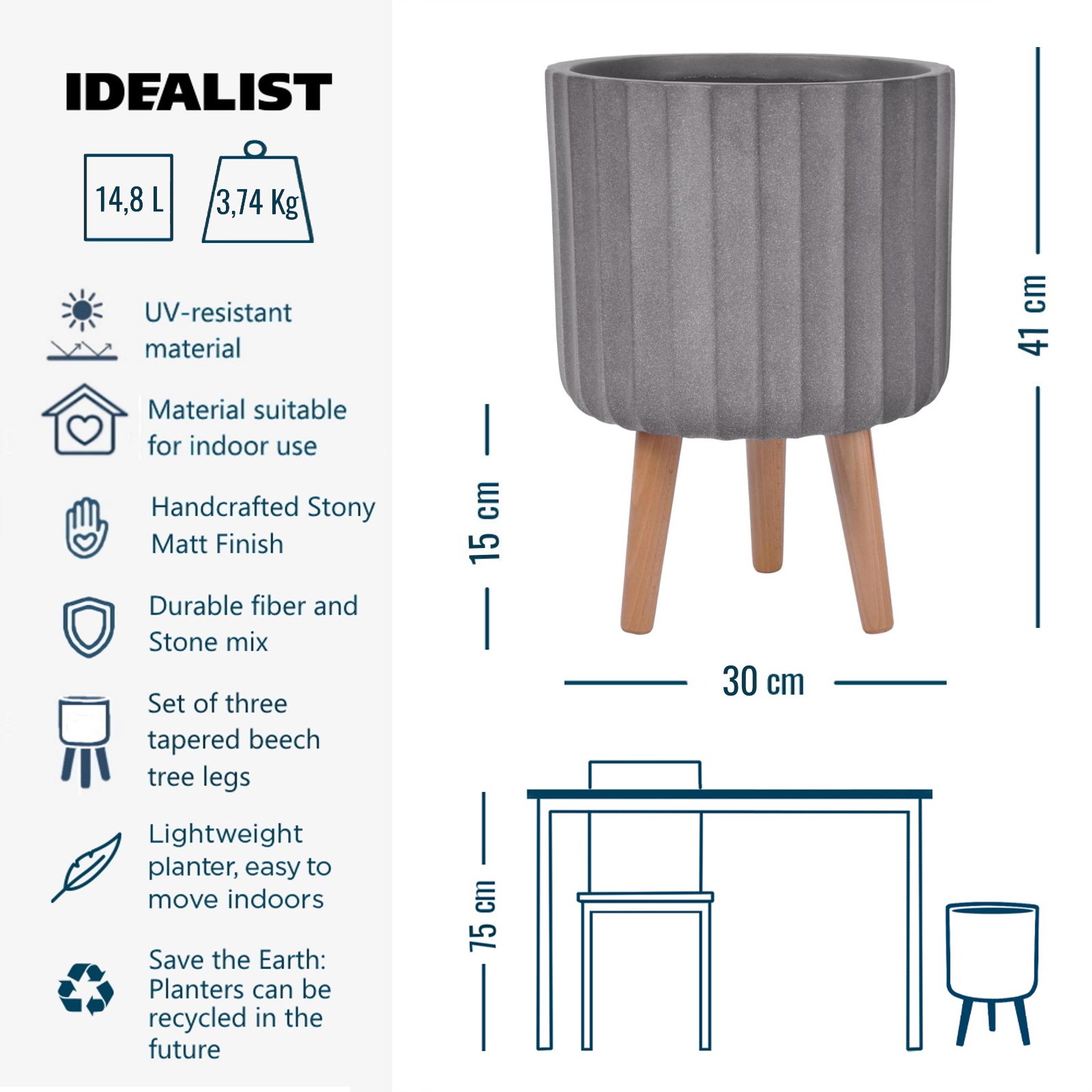 IDEALIST Lite Modern Ribbed Cylinder Planter on Legs, Round Pot Plant Stand Indoor