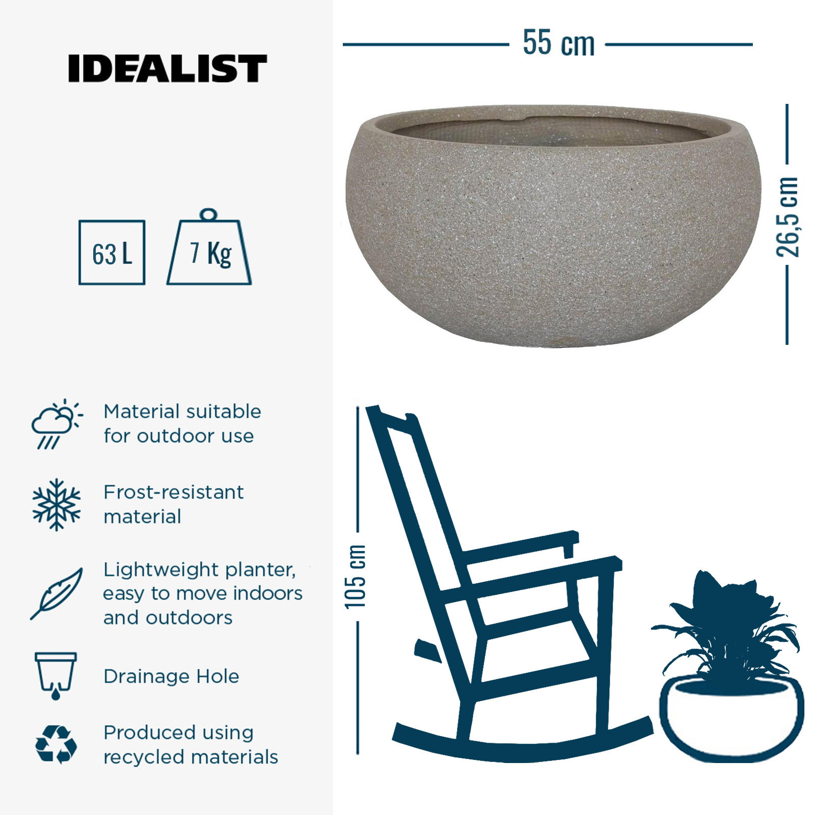 IDEALIST Lite Textured Concrete Effect Bowl Outdoor Planter