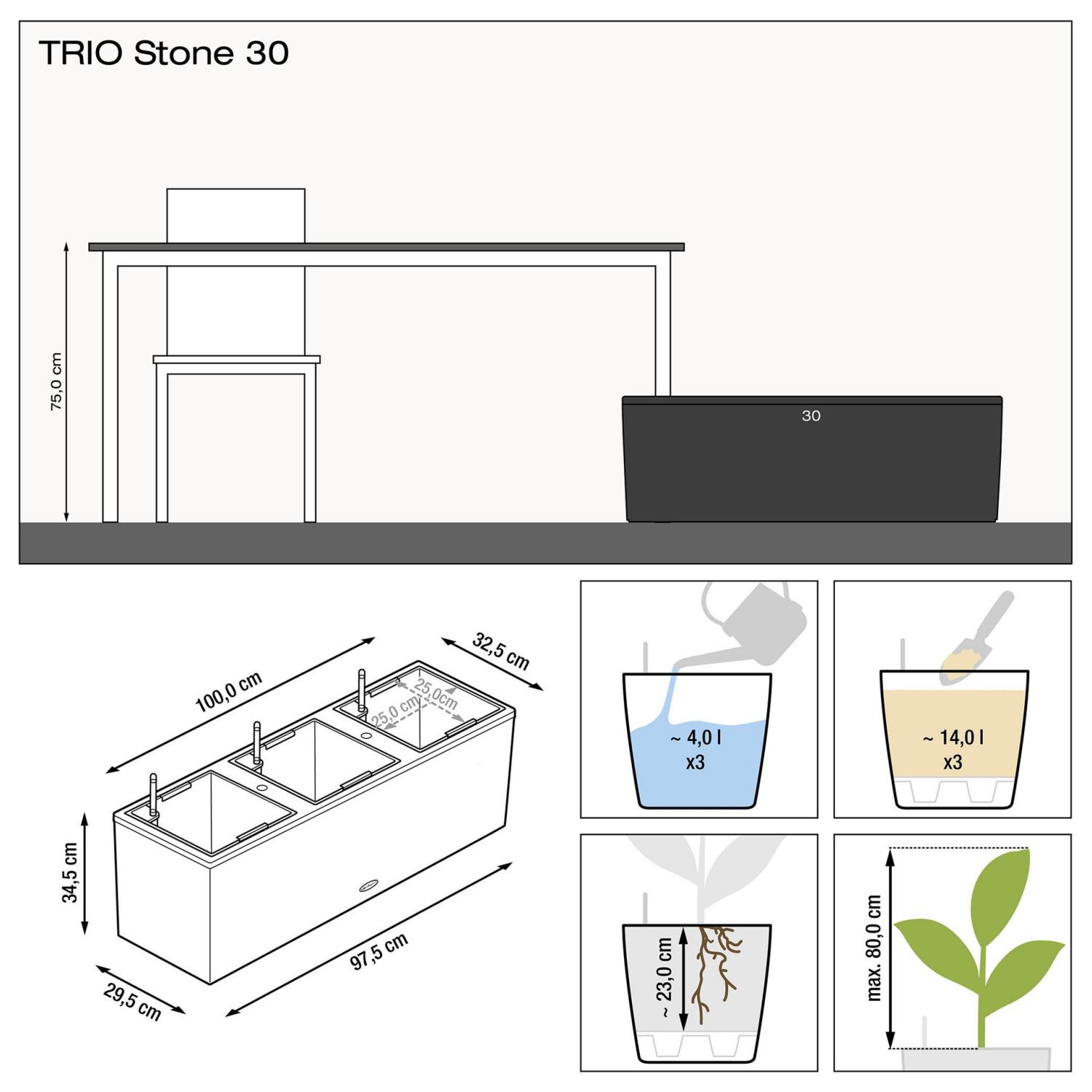 LECHUZA TRIO Stone Trough Poly Resin Self-watering Planter