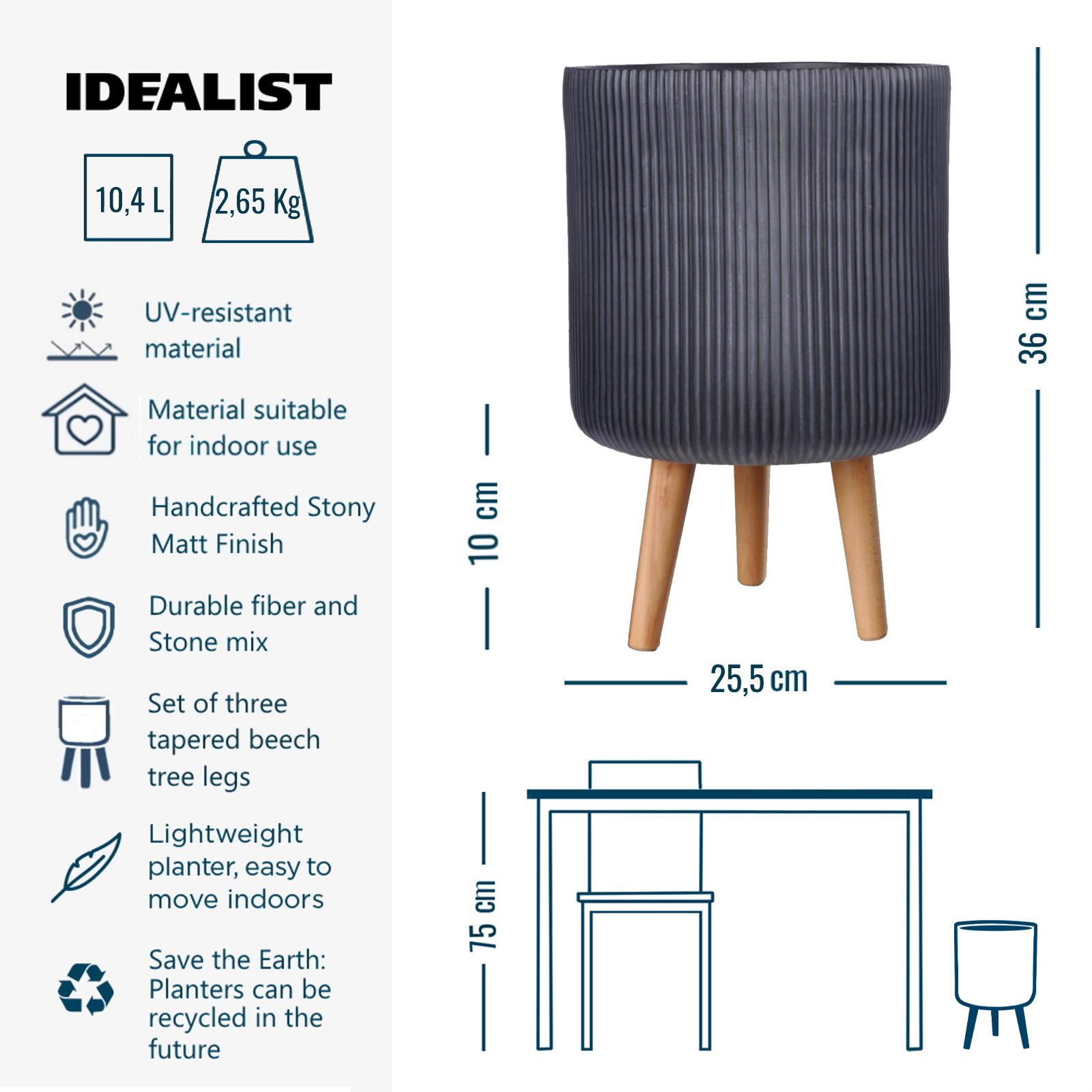 IDEALIST Lite Ribbed Cylinder Planter on Legs, Round Pot Plant Stand Indoor