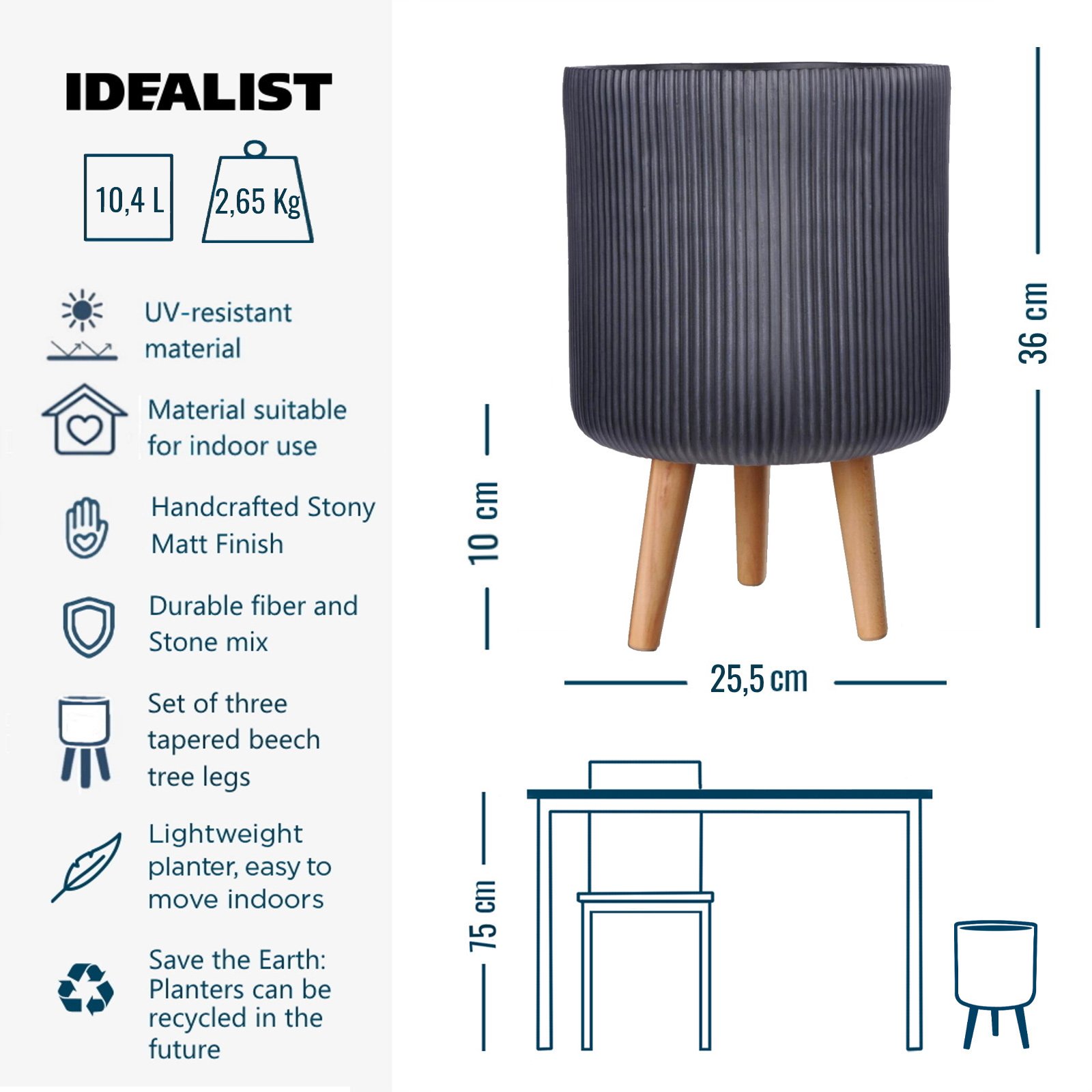 IDEALIST Lite Ribbed Cylinder Planter on Legs, Round Pot Plant Stand Indoor