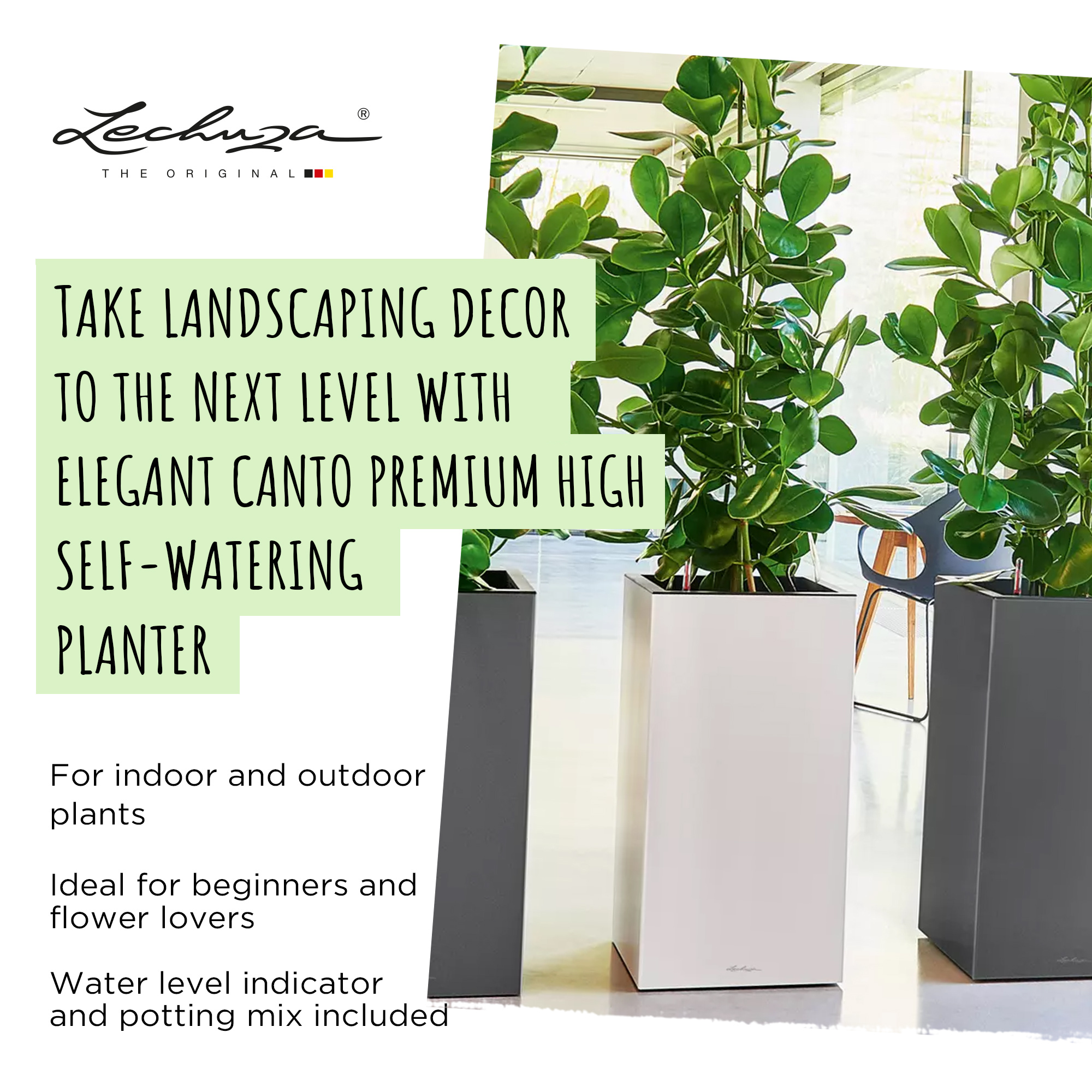 LECHUZA CANTO High Square Tall Poly Resin Self-watering Planter