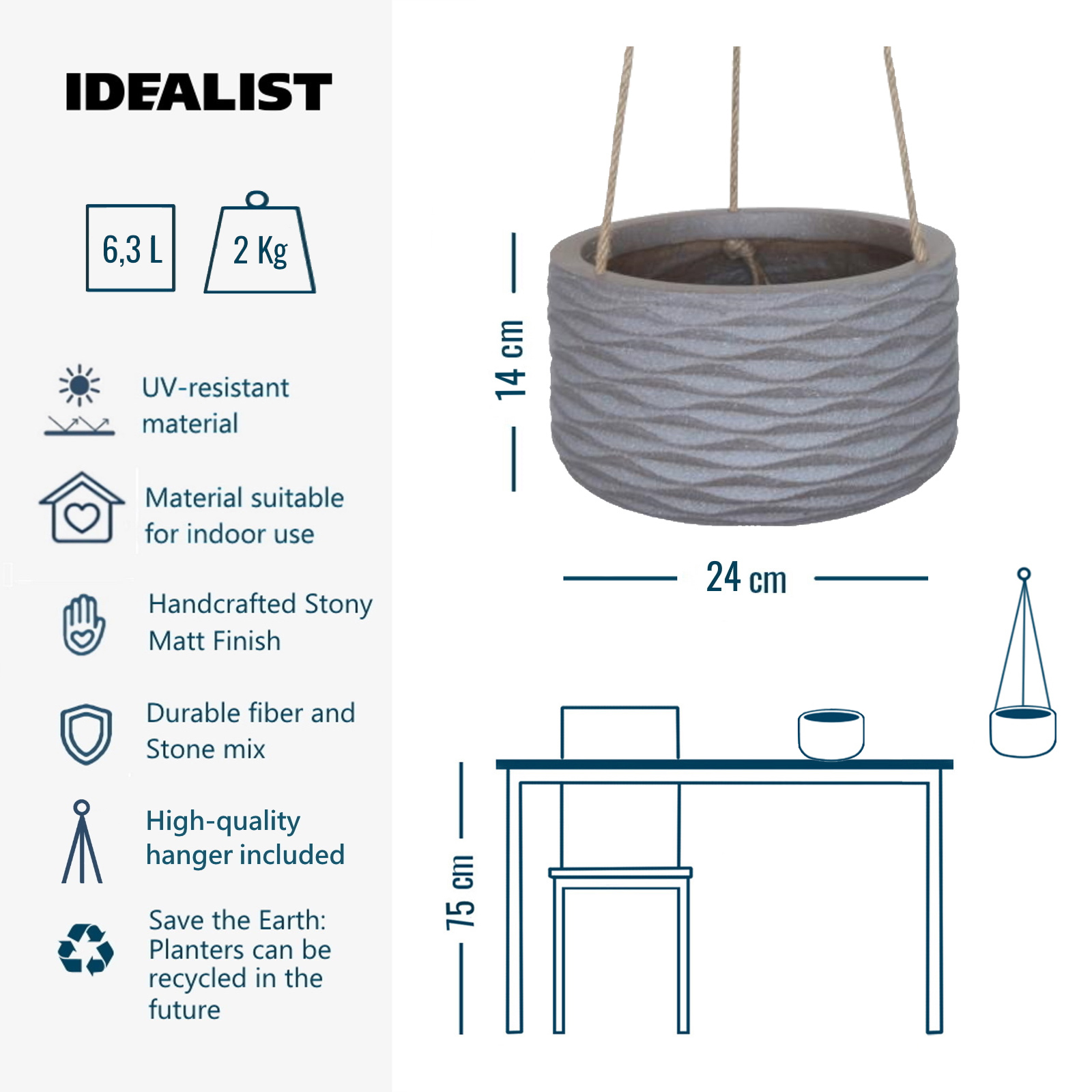 IDEALIST Lite Wave Style Table and Hanging Cylinder Round Plant Pot Dual Use Indoor Planter