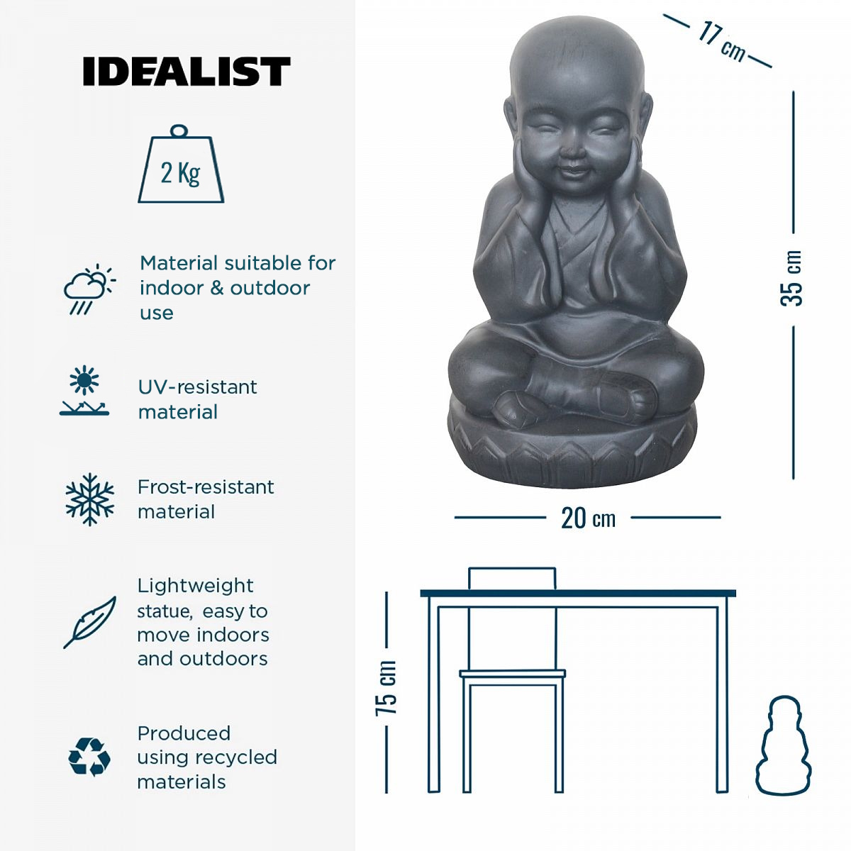 IDEALIST Lite Sitting Baby Monk Grey Indoor and Outdoor Statue L20 W17 H35 cm
