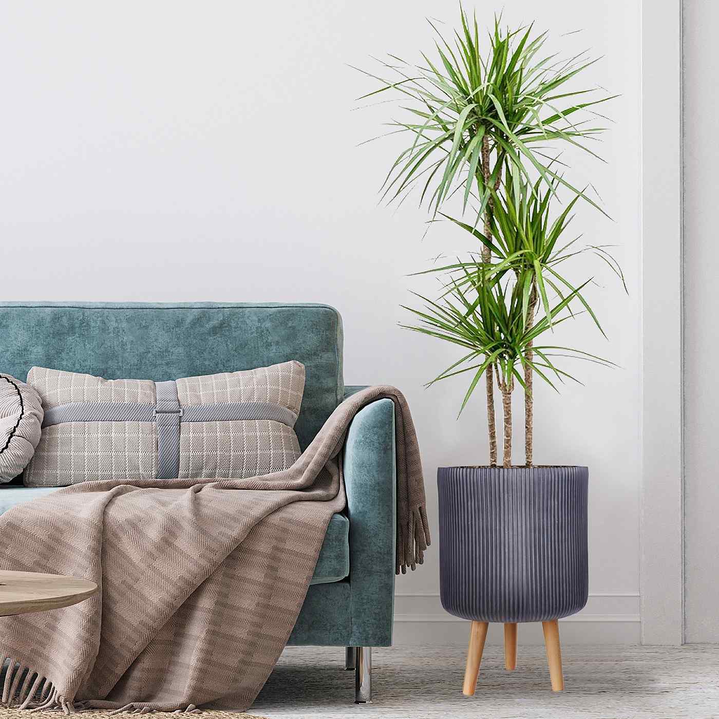 IDEALIST Lite Ribbed Cylinder Planter on Legs, Round Pot Plant Stand Indoor