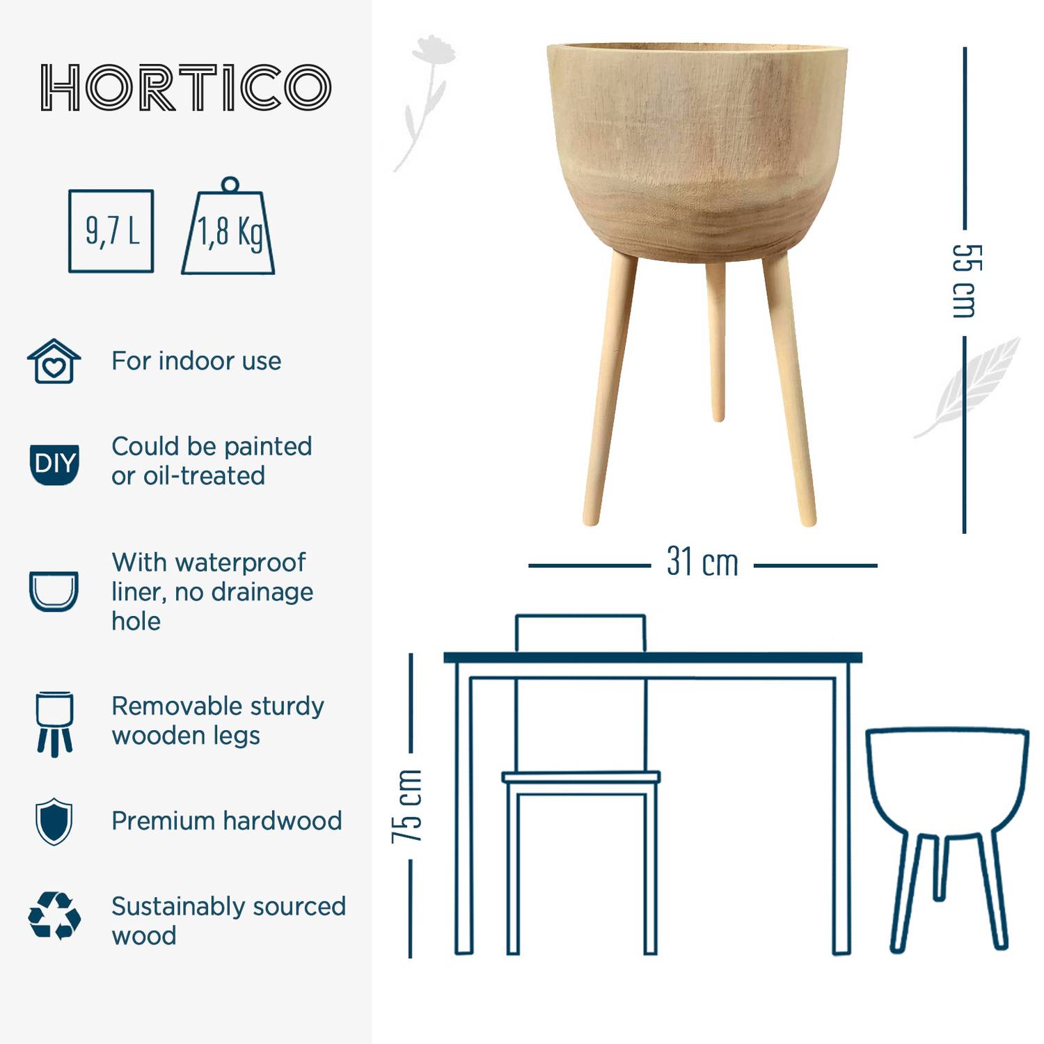 HORTICO GAIA Wooden House Planter with Legs, Tall Indoor Plant Pot Stand with Waterproof Liner