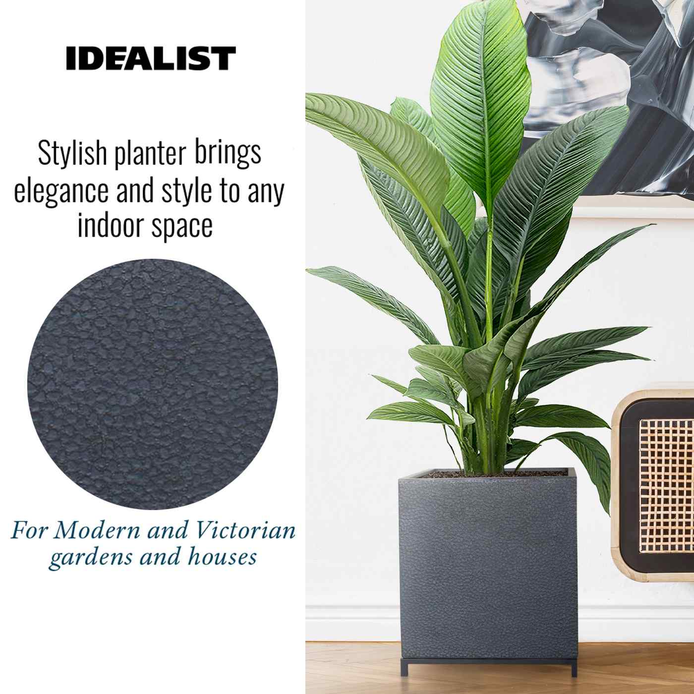 IDEALIST Lite Hammered Stone Style Square Indoor Planter on Metal Stand