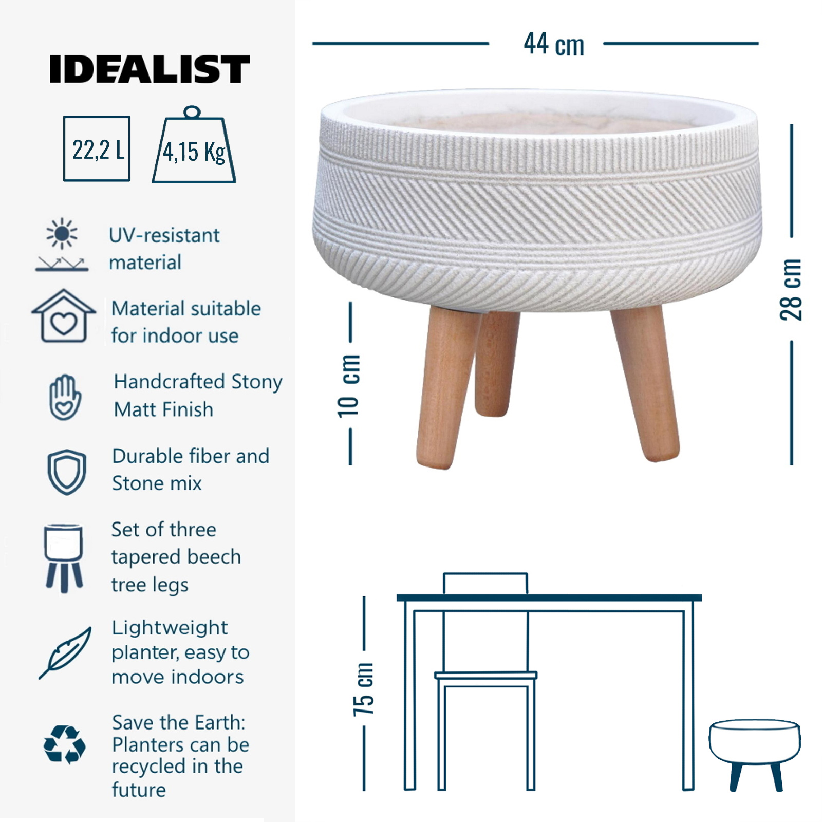 IDEALIST Lite Striped Tray Round Planter on Legs, Round Pot Plant Stand Indoor