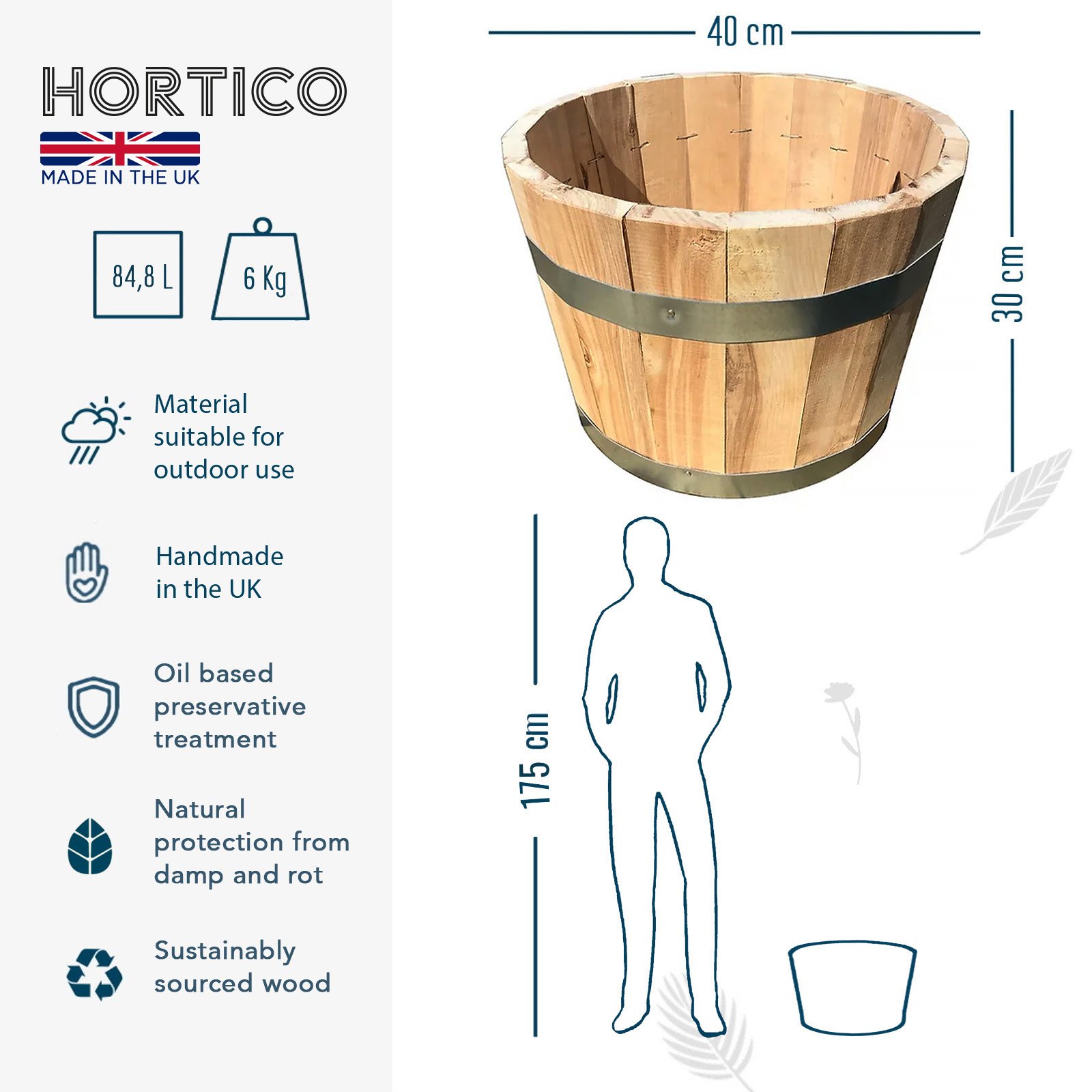 Rustic European Birch Hardwood Round Tub Half Barrel Outdoor Planter Made in UK by HORTICO