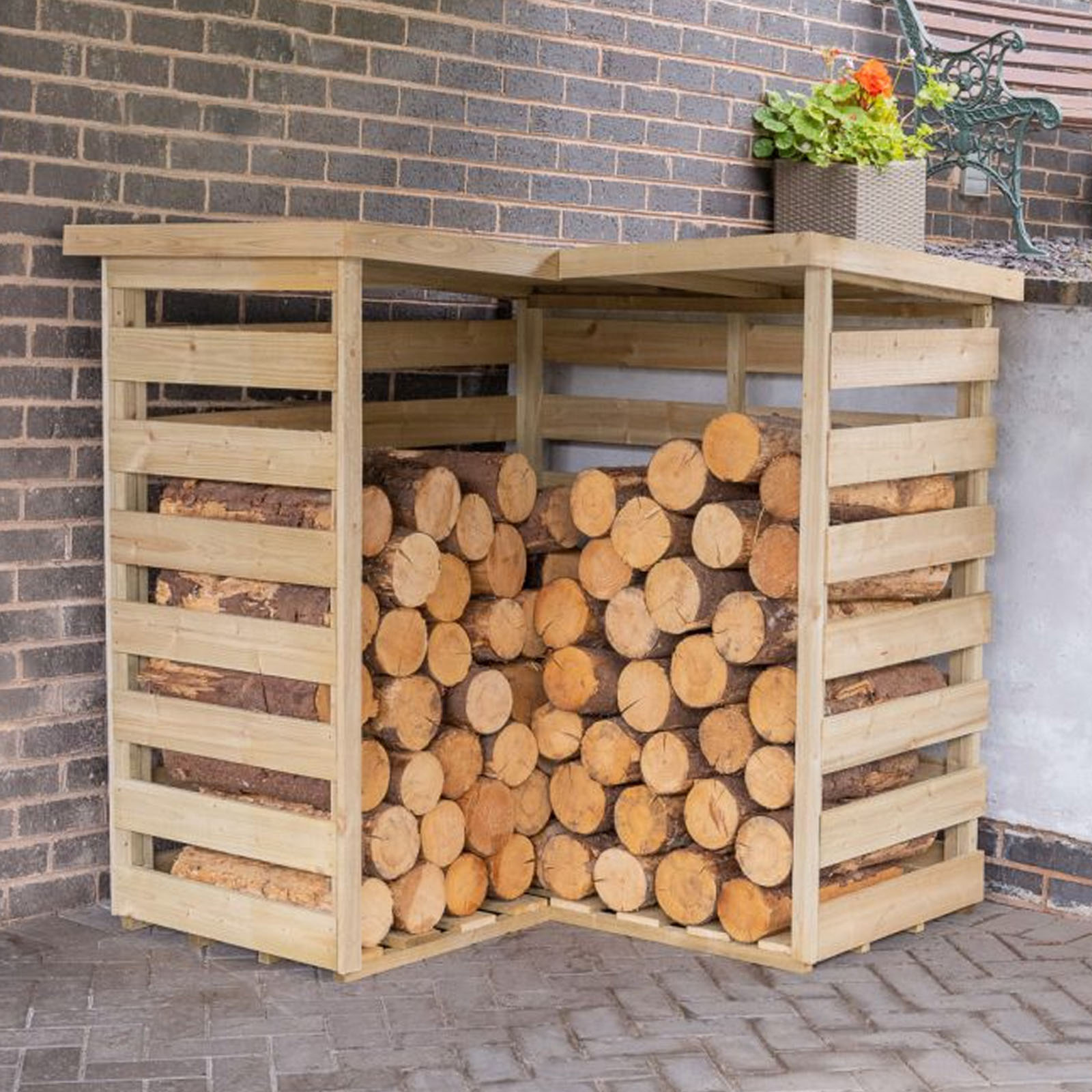 Outdoor Wooden Corner Log Store by Forest Garden
