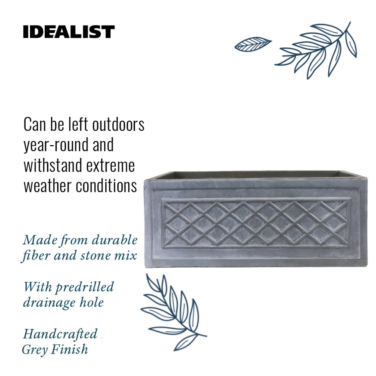 IDEALIST Lite Window Box Faux Lead Lattice Grey Light Stone Planter
