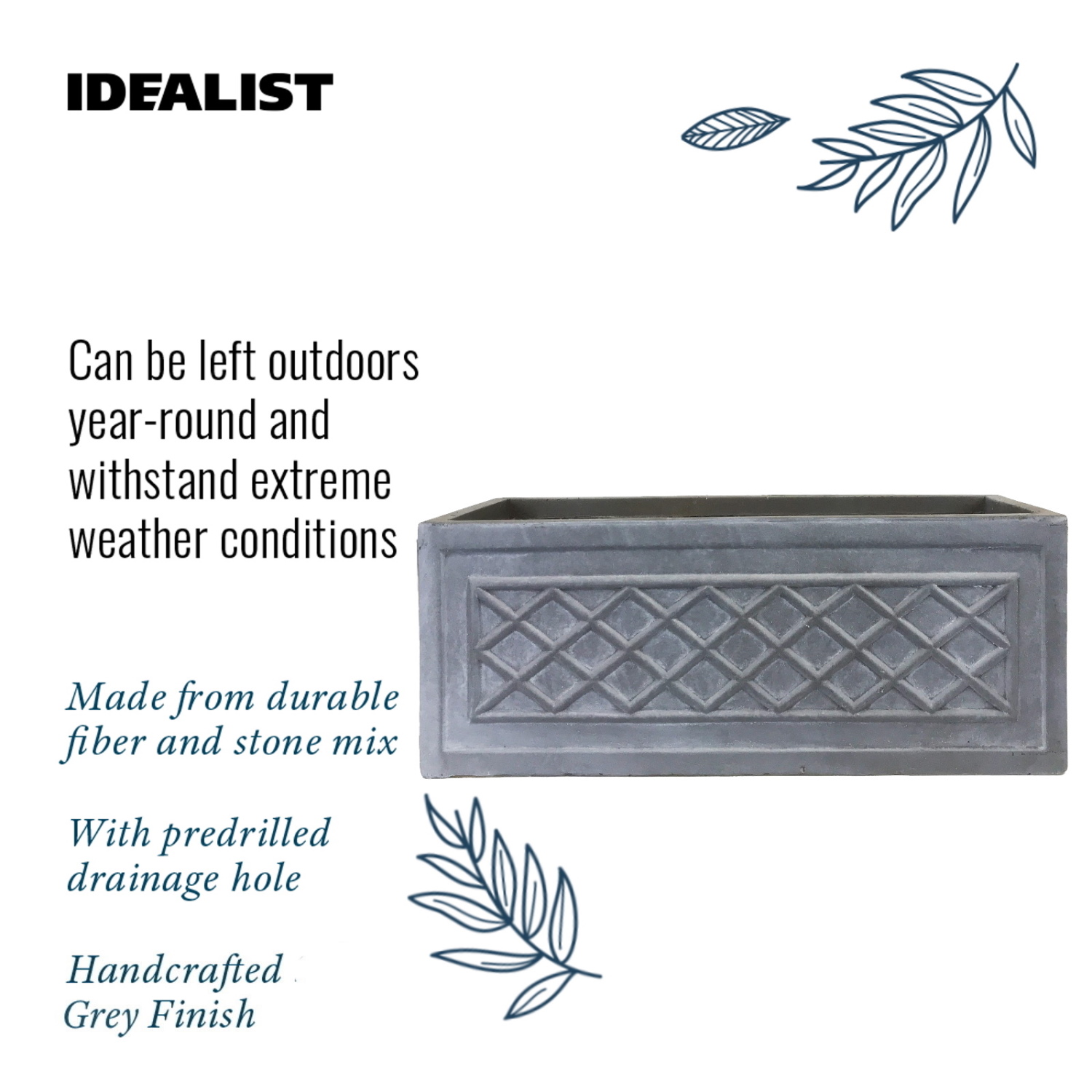 IDEALIST Lite Window Box Faux Lead Lattice Grey Light Stone Planter