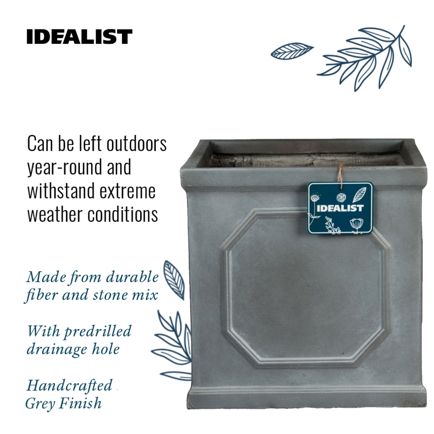 IDEALIST Lite Faux Lead Chelsea Box Square Grey Light Stone Planter Set