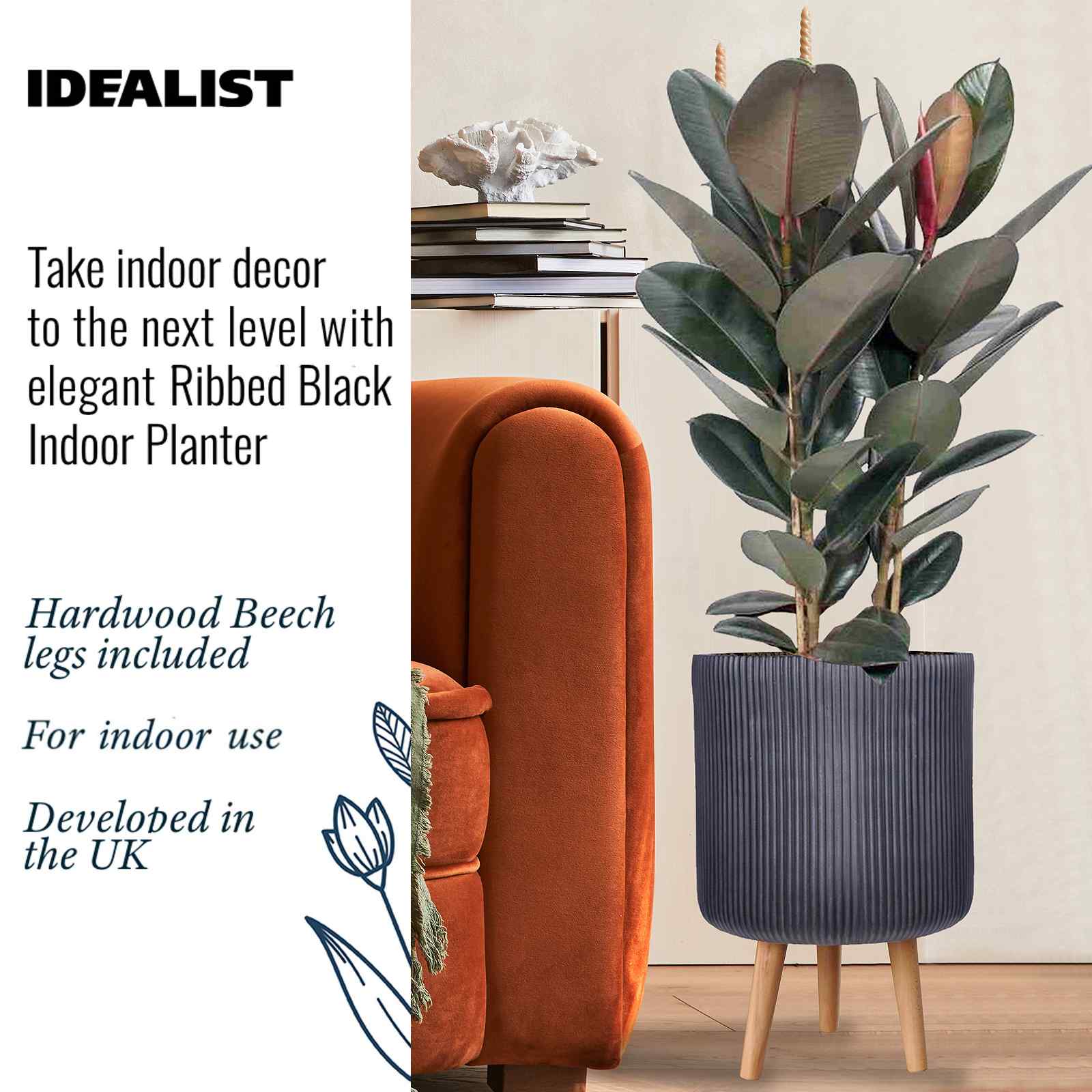 IDEALIST Lite Ribbed Cylinder Planter on Legs, Round Pot Plant Stand Indoor
