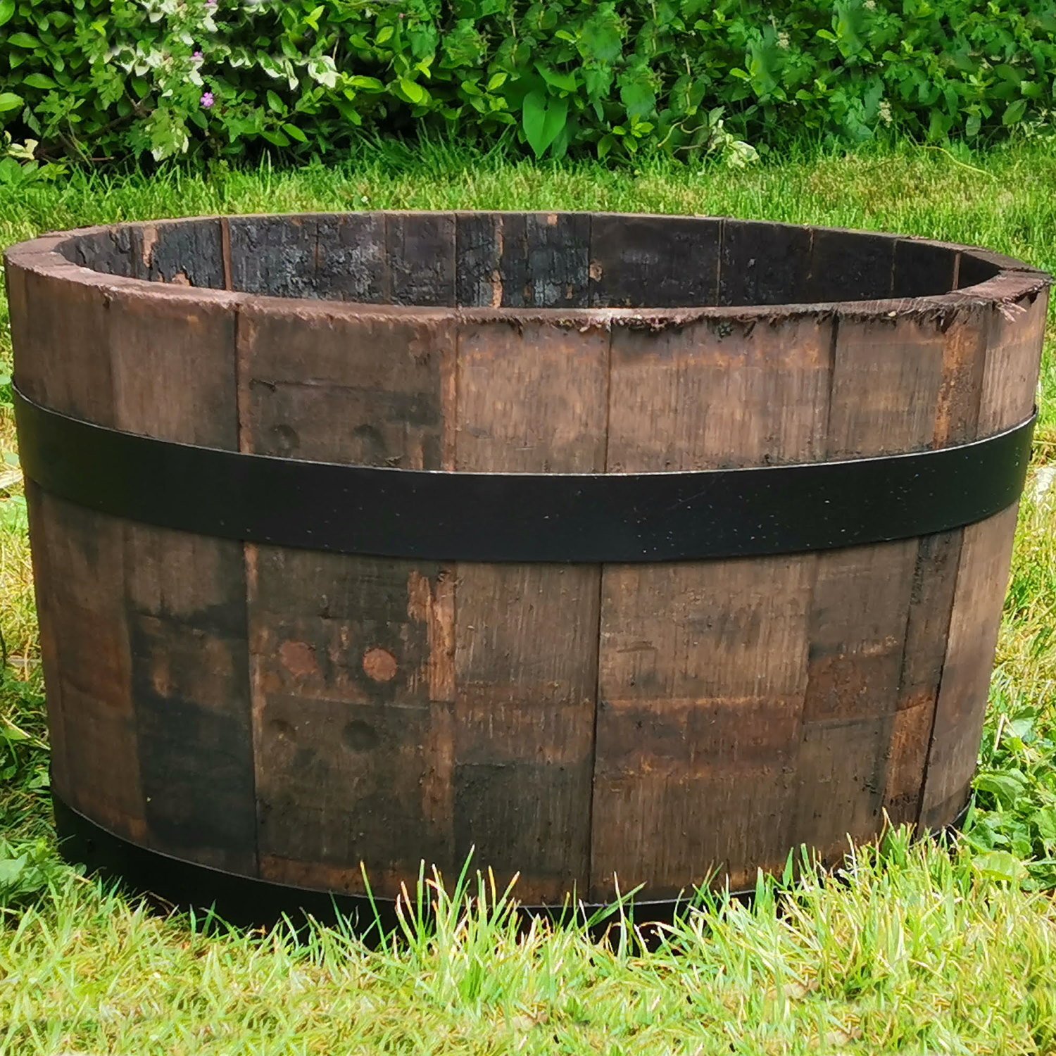 Rustic Upcycled Oak Wood Round Tub Half Barrel Outdoor Planter Made in UK by HORTICO