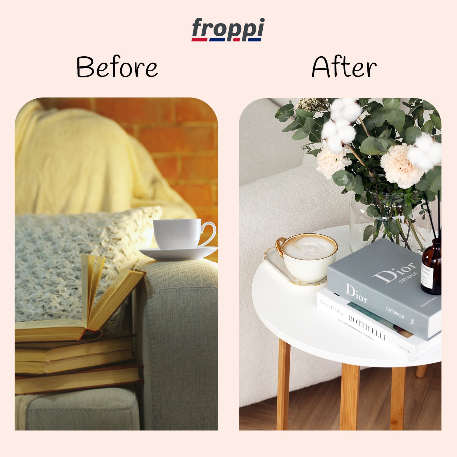 Froppi Small Round Coffee Table for Living Room White Wood Cocktail Table on Natural Bamboo Frame