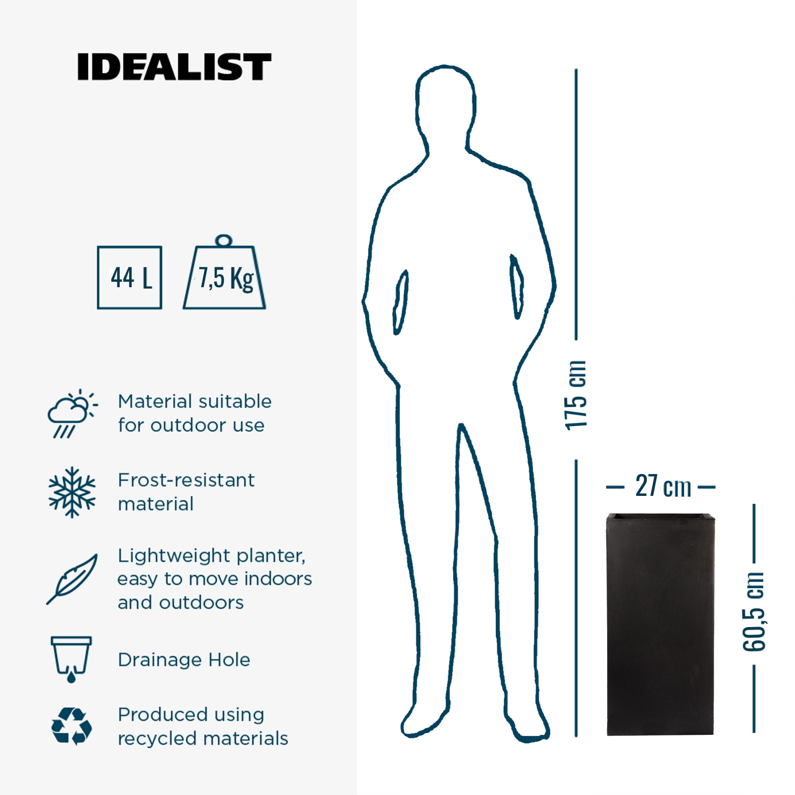 IDEALIST Lite Tall Square Contemporary Light Concrete Planter