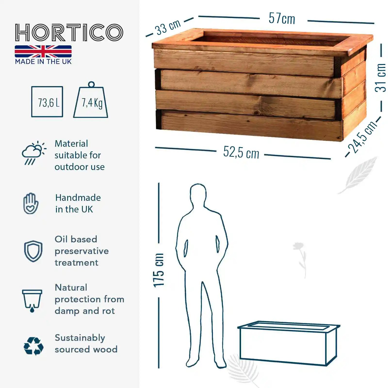 Rustic Scandinavian Redwood Trough Outdoor Planter Made in UK by HORTICO