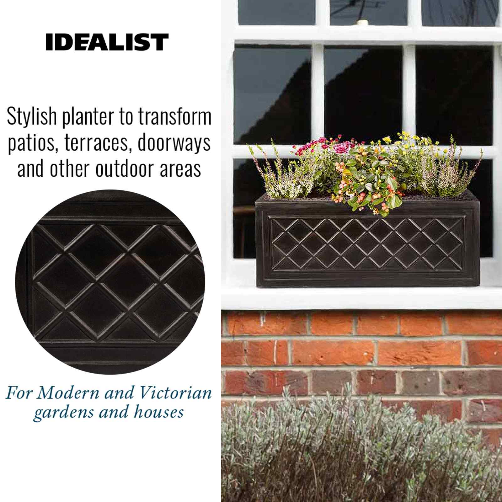IDEALIST Lite Window Box Faux Lead Lattice Grey Light Stone Planter