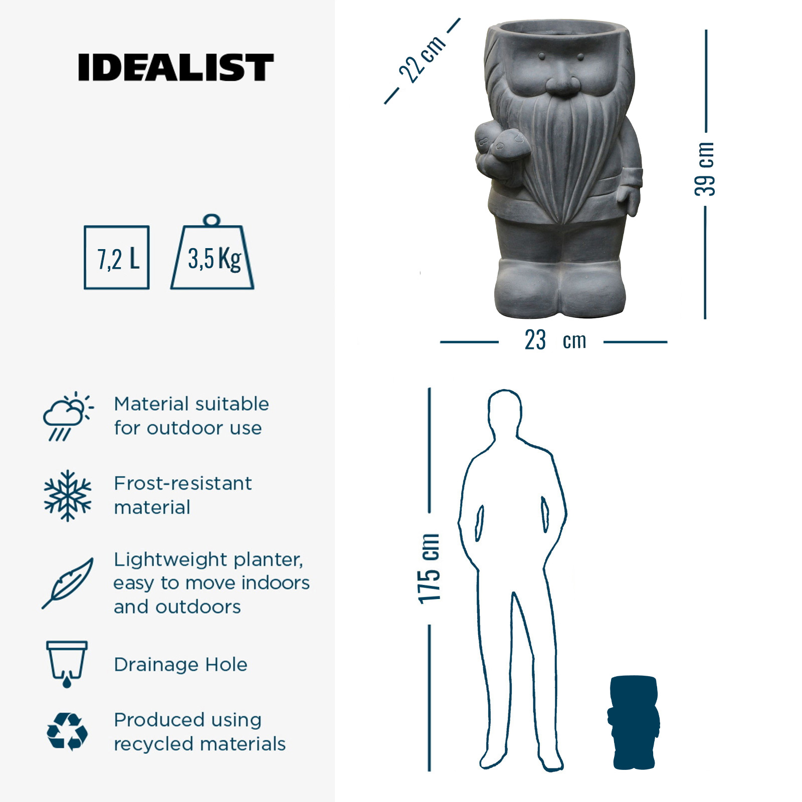 IDEALIST Lite Gnome with Mushrooms Oval Plant Pot Outdoor