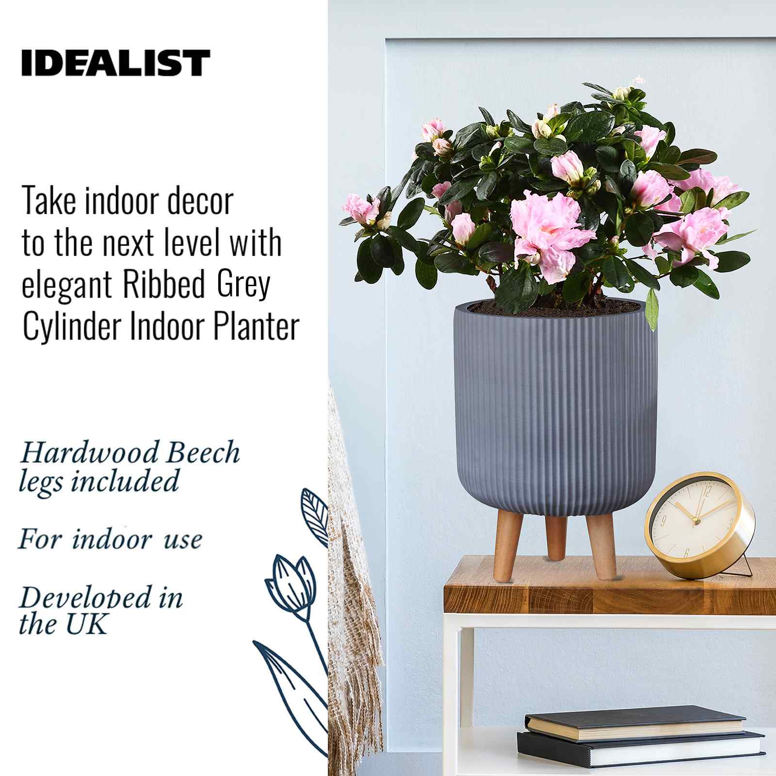 IDEALIST Lite Ribbed Cylinder Planter on Legs, Round Pot Plant Stand Indoor