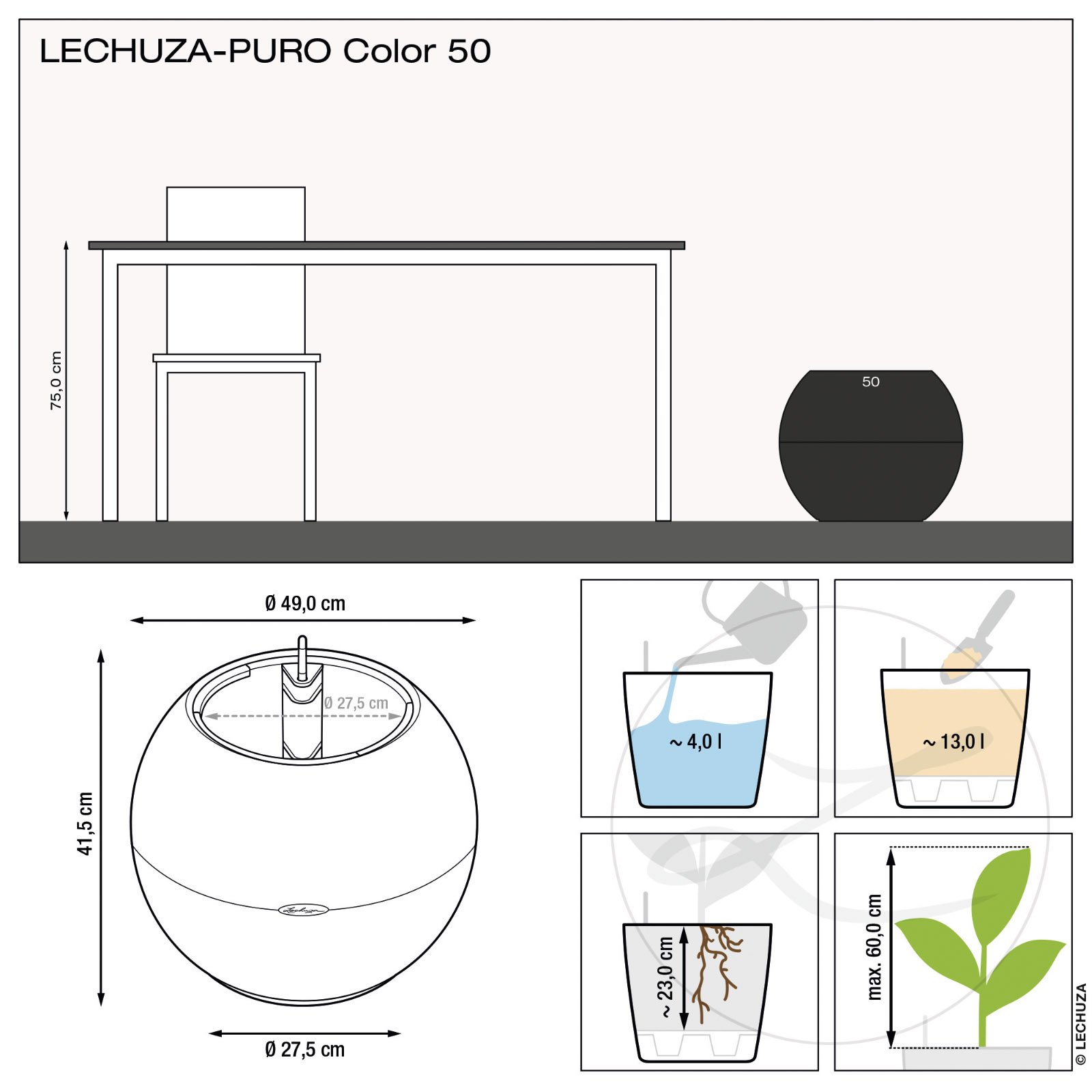 LECHUZA PURO Color Round Poly Resin Self-watering Planter