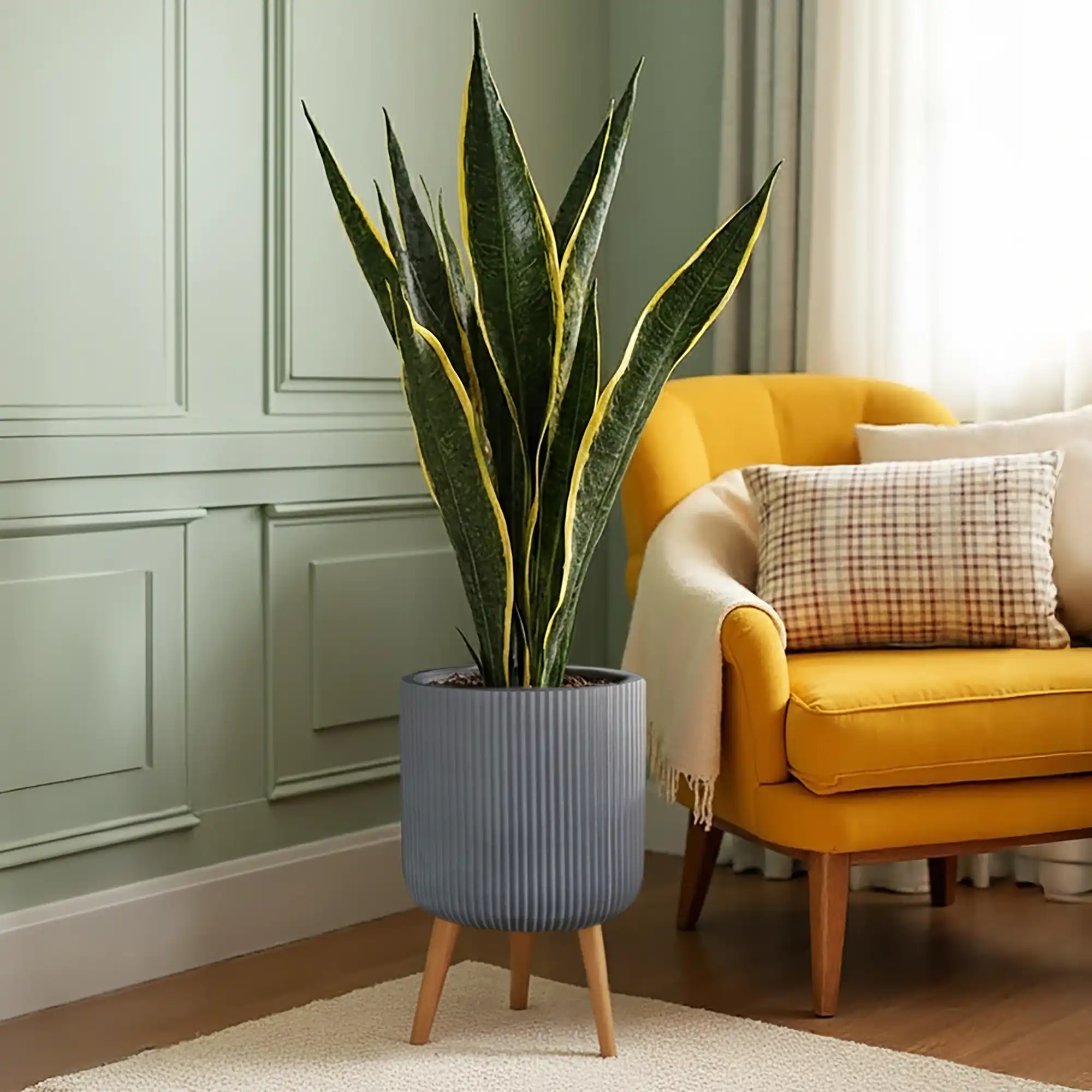 IDEALIST Lite Ribbed Cylinder Planter on Legs, Round Pot Plant Stand Indoor