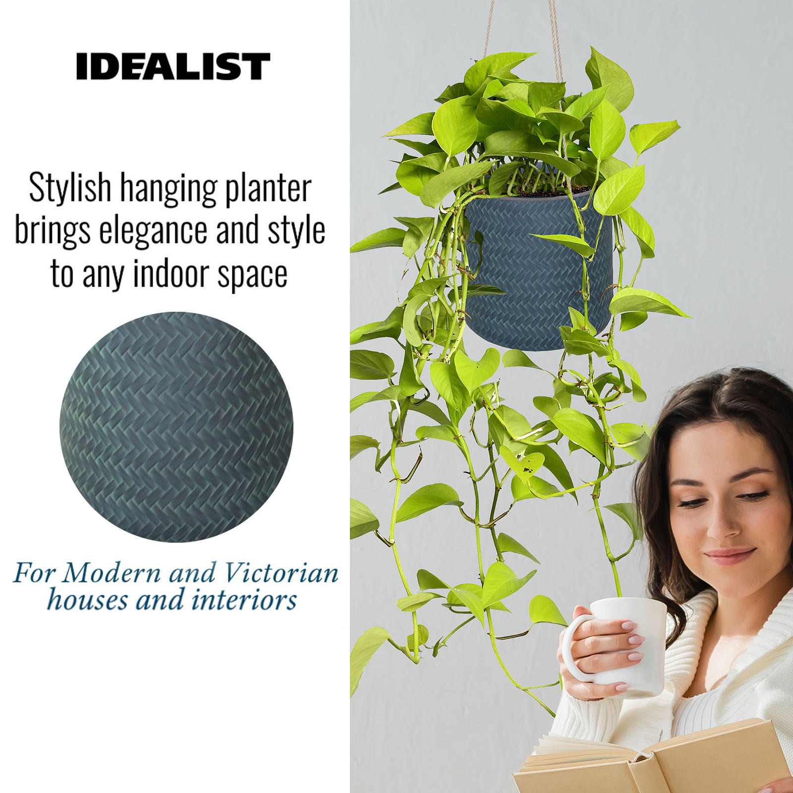 IDEALIST Lite Plaited Style Table and Hanging Cylinder Round Plant Pot Dual Use Indoor Planter