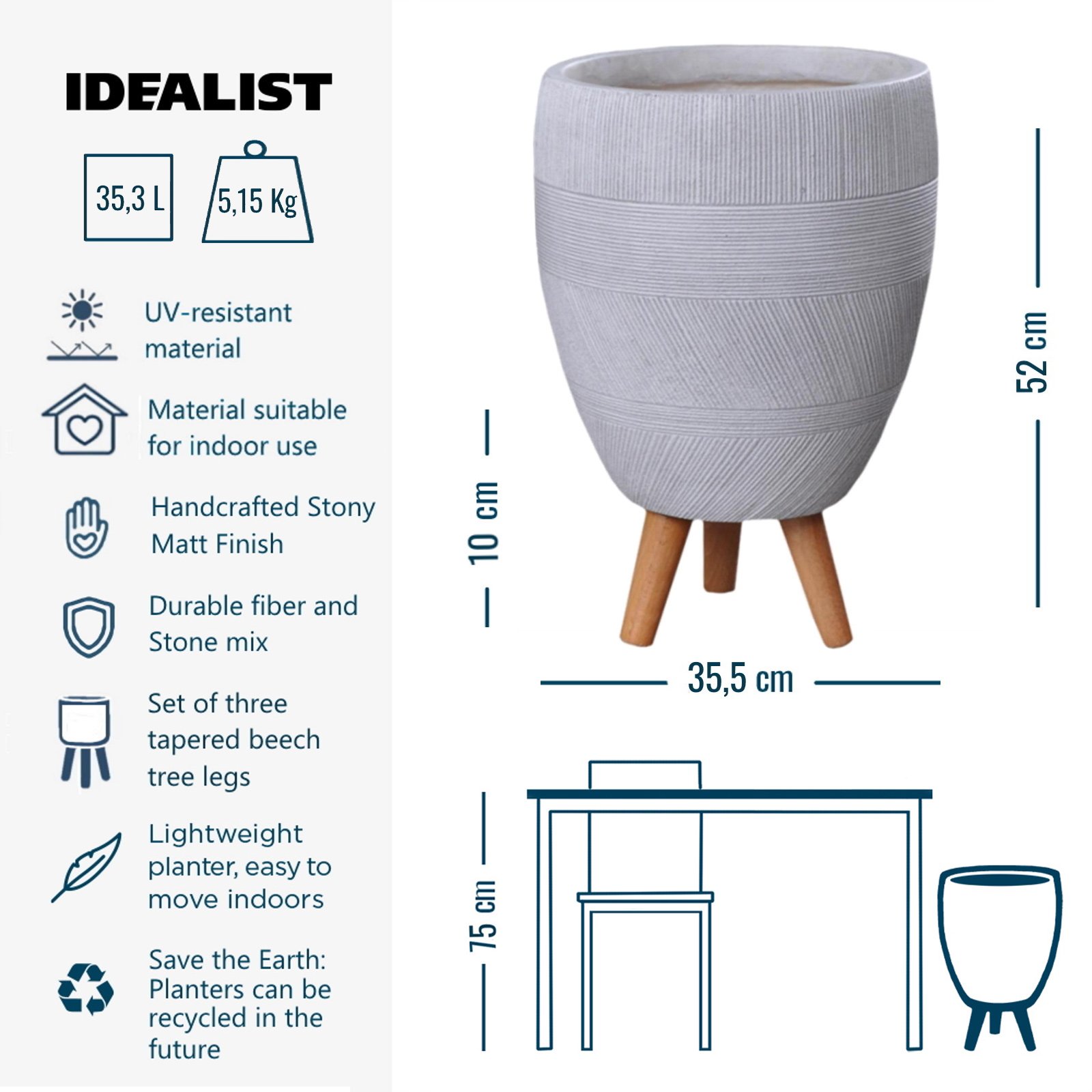 IDEALIST Lite Striped Egg Planter on Legs, Round Pot Plant Stand Indoor