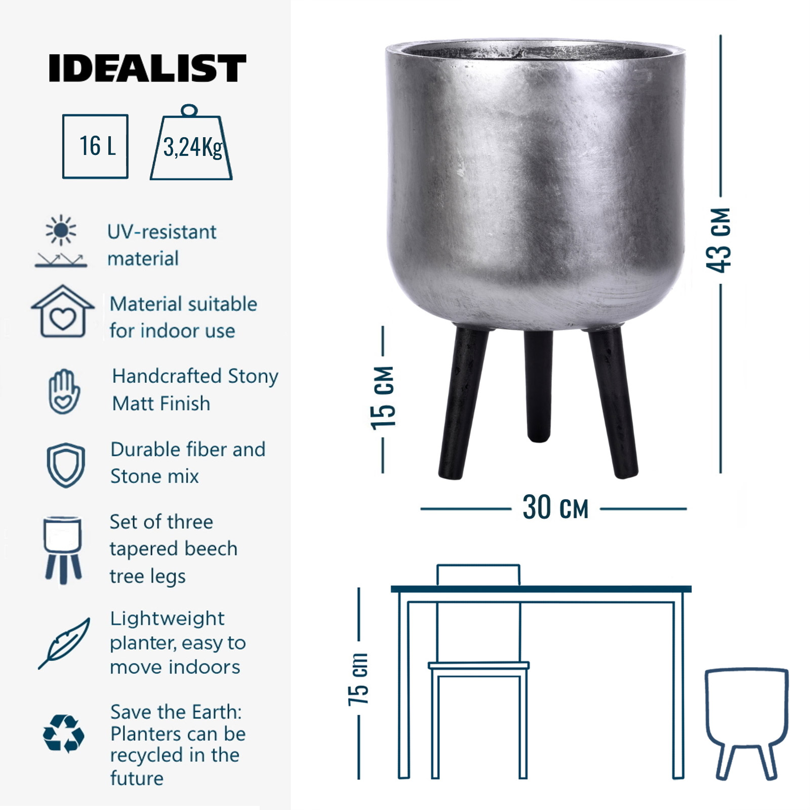 IDEALIST Lite Round Planter on Legs, Round Pot Plant Stand Indoor