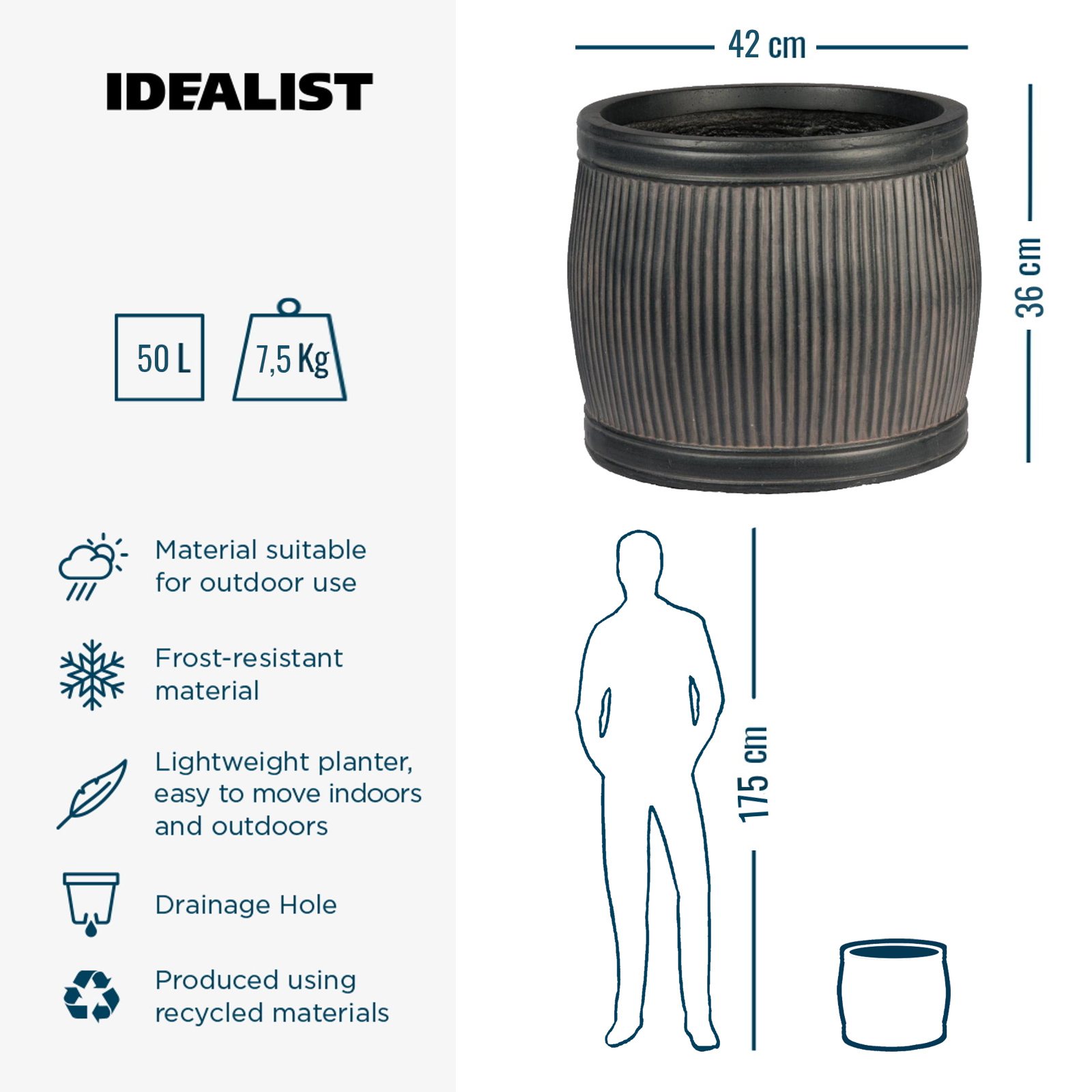 IDEALIST Lite Vertical Ribbed Vintage Style Barrel Round Planter