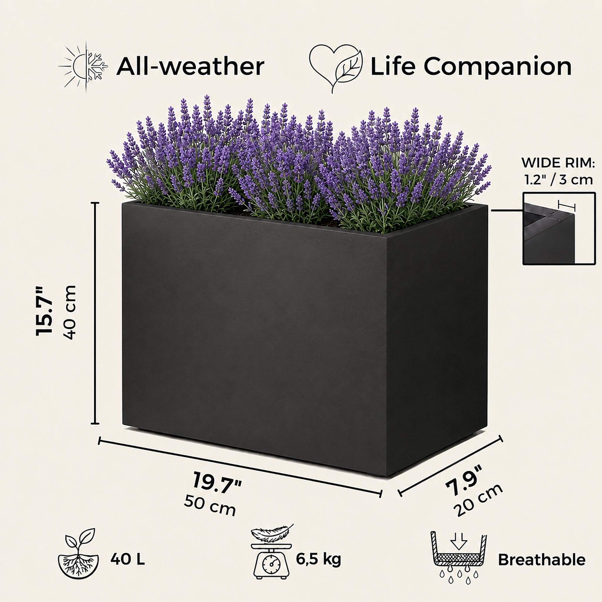 IDEALIST Lite Contemporary Light Concrete Trough Planter