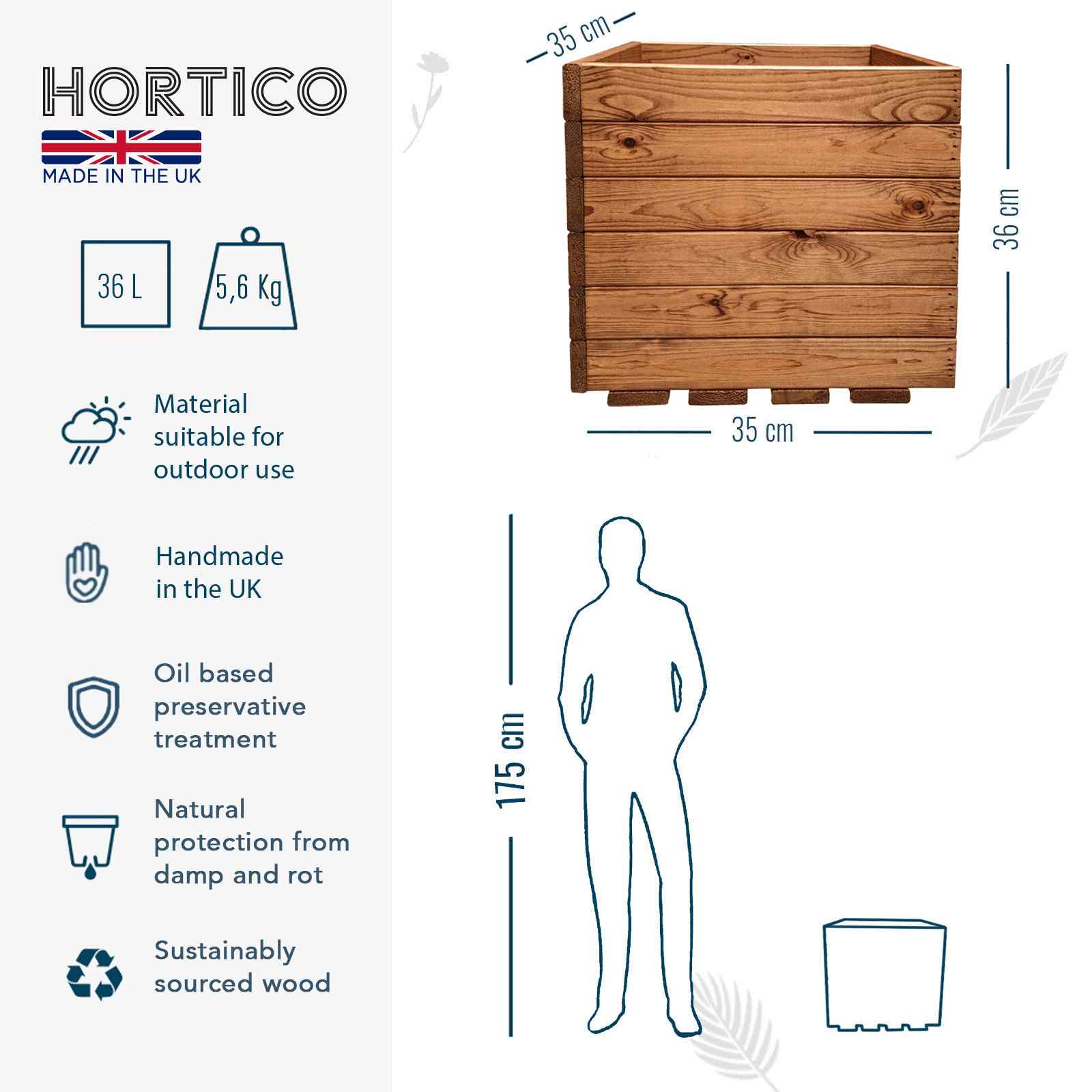 Rustic Scandinavian Redwood Square Outdoor Open Planter Made in UK by HORTICO