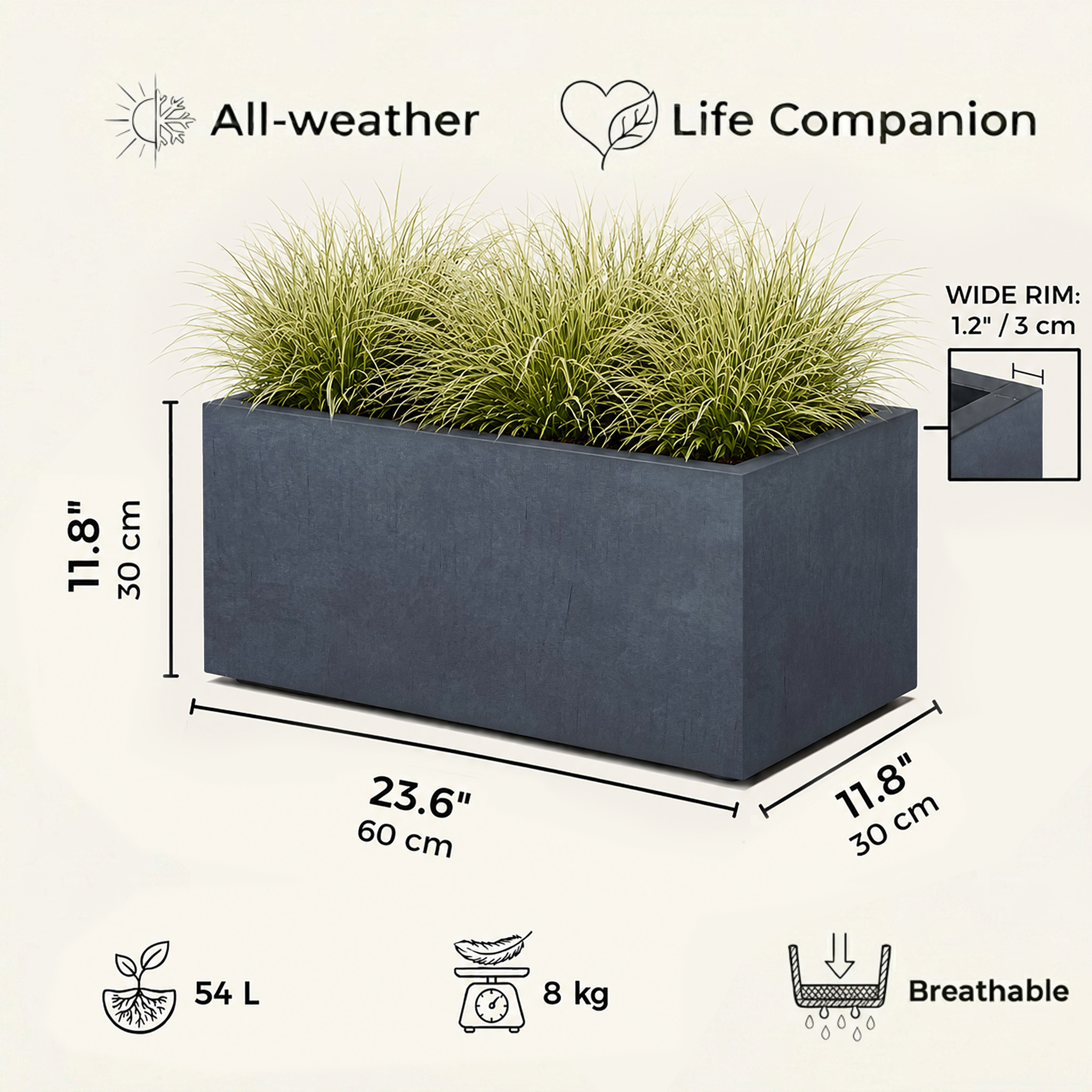 IDEALIST Lite Contemporary Light Concrete Trough Planter