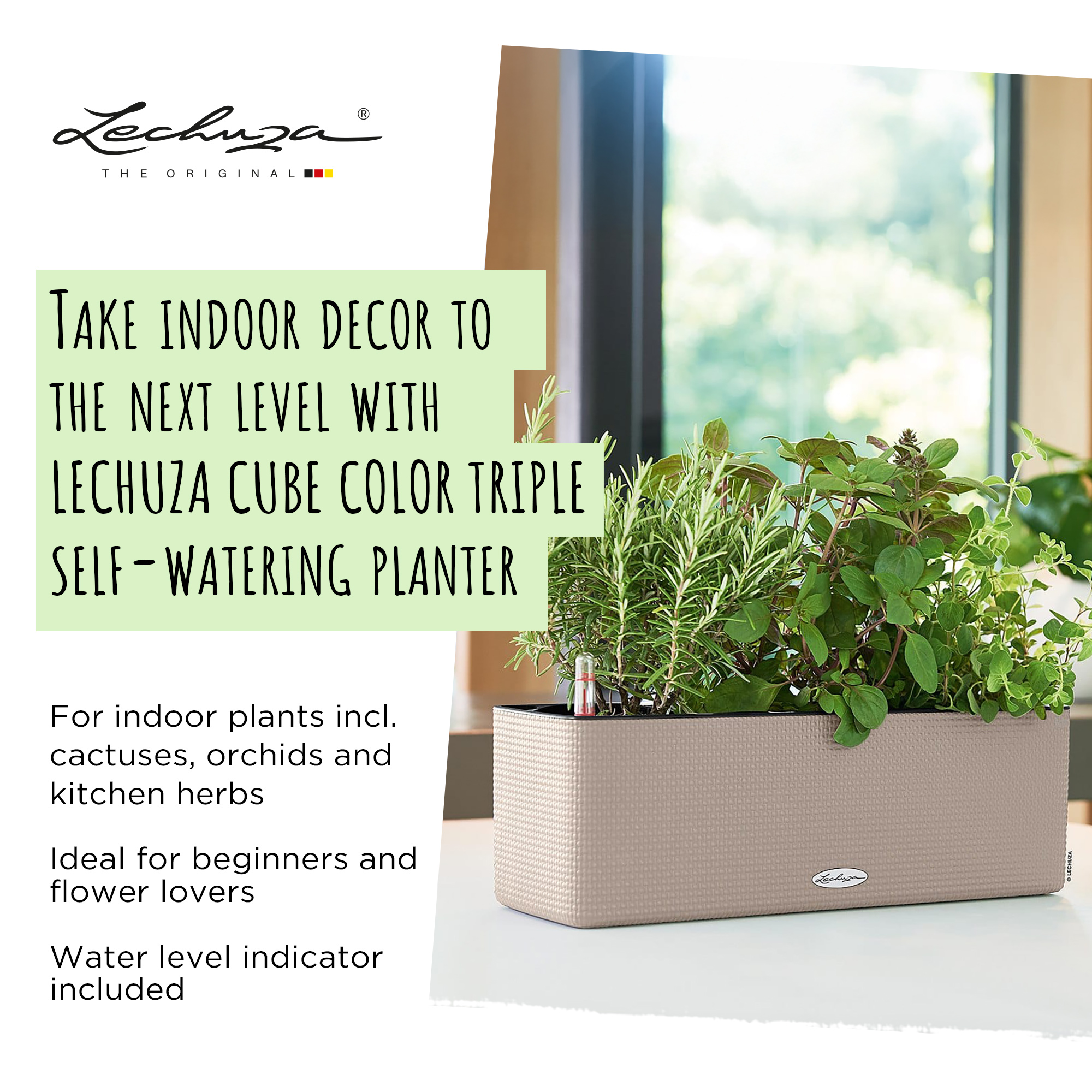 LECHUZA CUBE Color Triple Trough Poly Resin Self-watering Planter