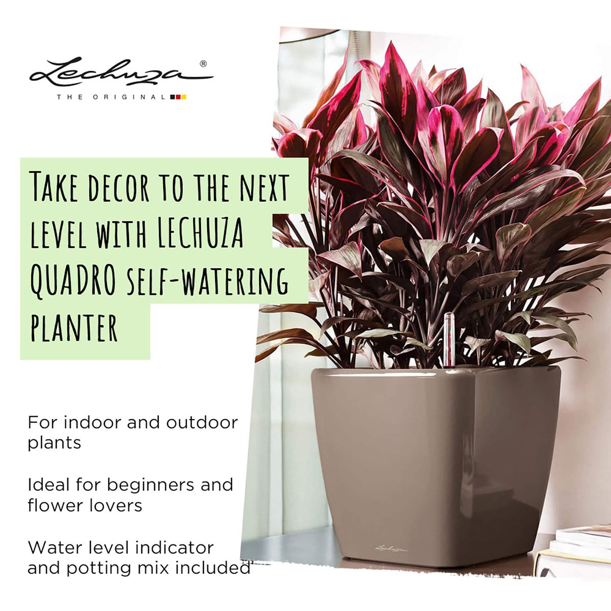 LECHUZA Quadro LS Square Poly Resin Self-watering Planter