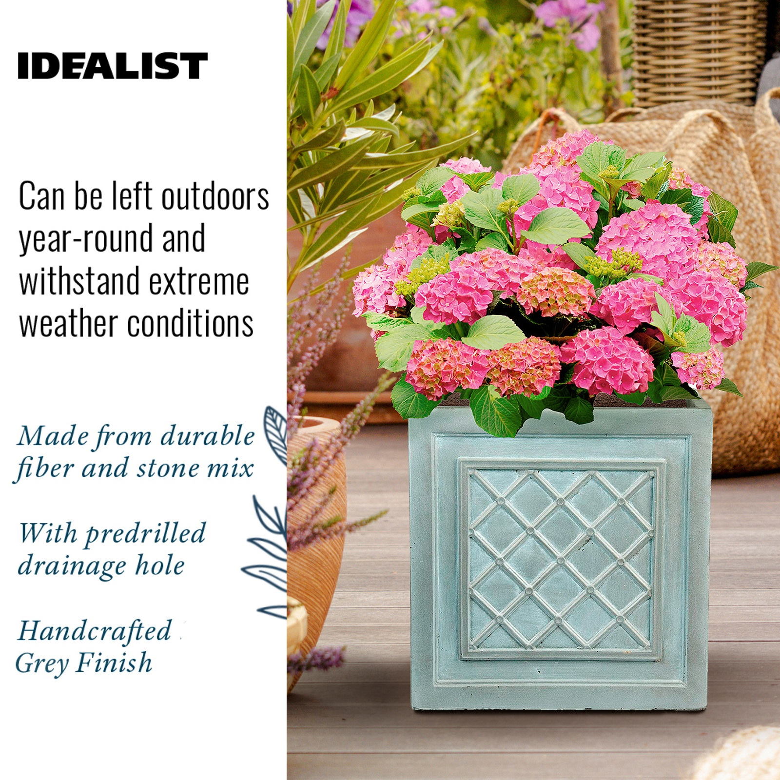 IDEALIST Lite Faux Lead Lattice Planter Light Concrete Square Box