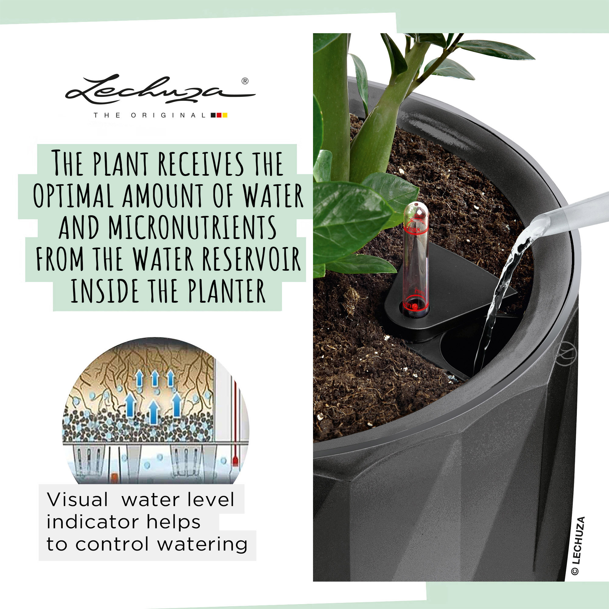 LECHUZA DIAMANTE Premium Glossy Round Tall Poly Resin Self-watering Planter