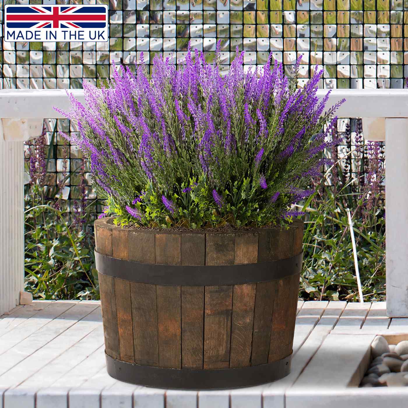 Rustic Upcycled Oak Wood Round Tub Half Barrel Outdoor Planter Made in UK by HORTICO