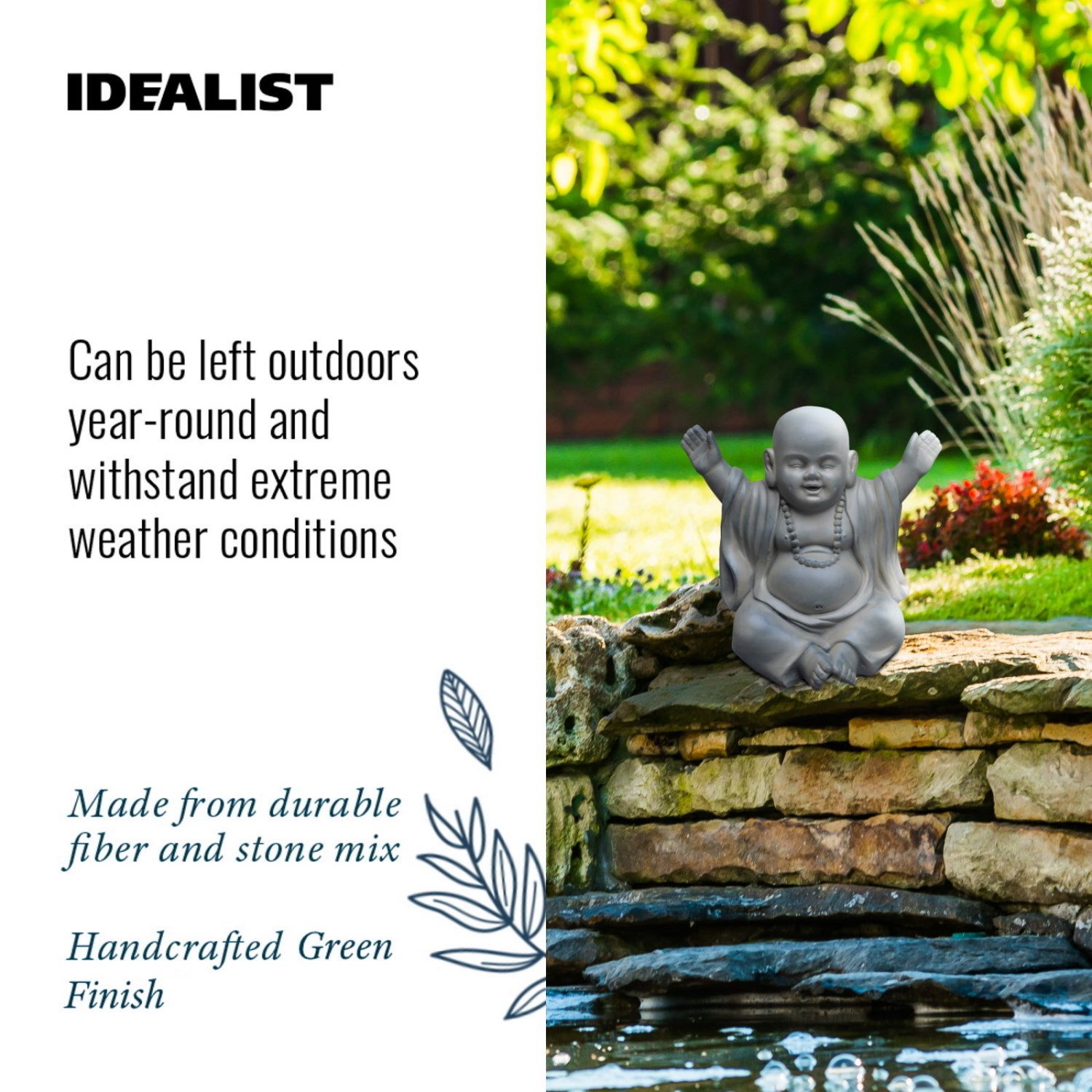 IDEALIST Lite Laughing Baby Monk Moss Washed Indoor and Outdoor Statue L35.5 W25.5 H31.5 cm