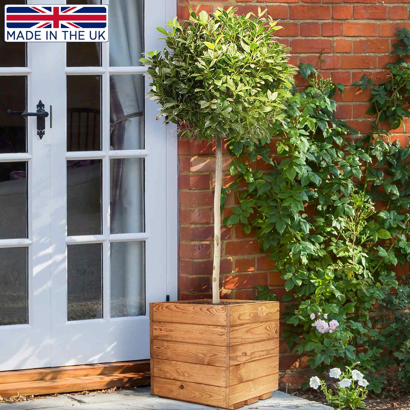 Rustic Scandinavian Redwood Square Outdoor Open Planter Made in UK by HORTICO