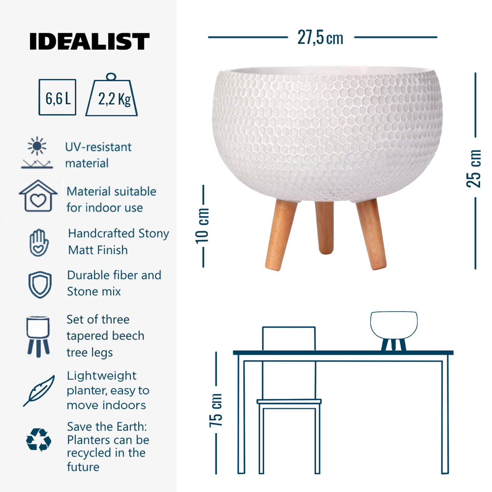 IDEALIST Wabenstil Schüssel Pflanzgefäß mit Beinen, Rund Indoor Pflanztopf Ständer - Bild 11 von 23