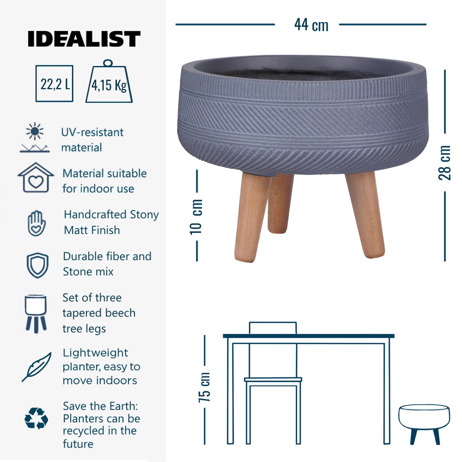 IDEALIST Lite Striped Tray Round Planter on Legs, Round Pot Plant Stand Indoor