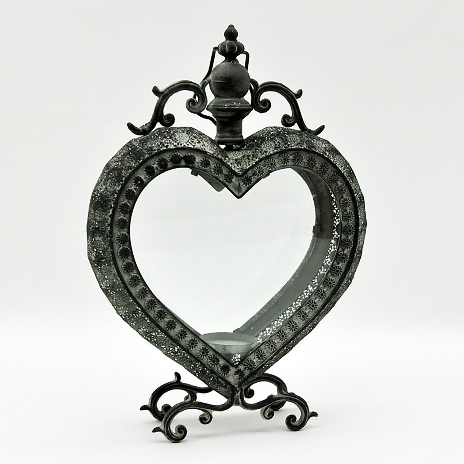 Heart Metal Ornament Garden Dark Silver Lantern on Legs by Minster