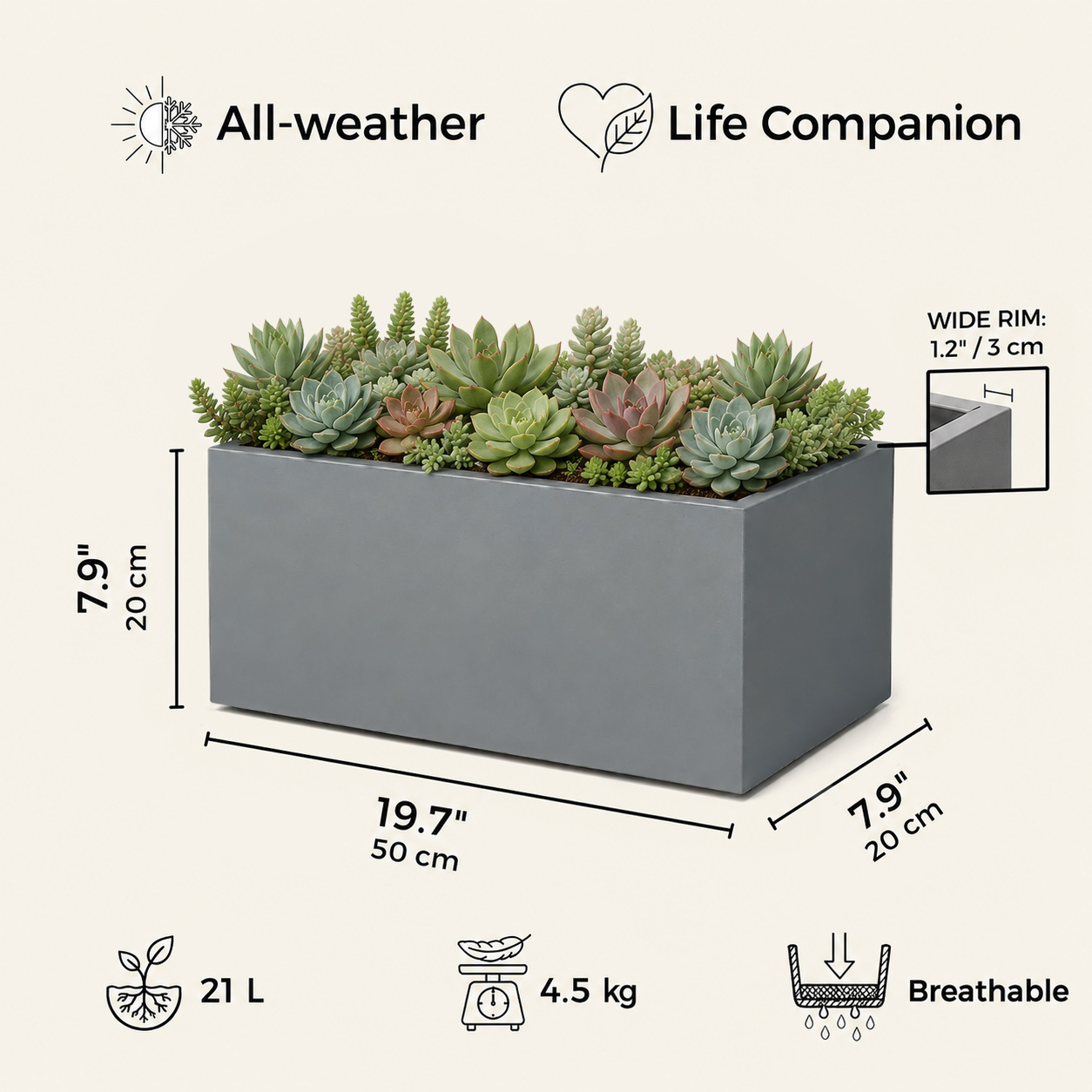 IDEALIST Lite Contemporary Light Concrete Trough Planter
