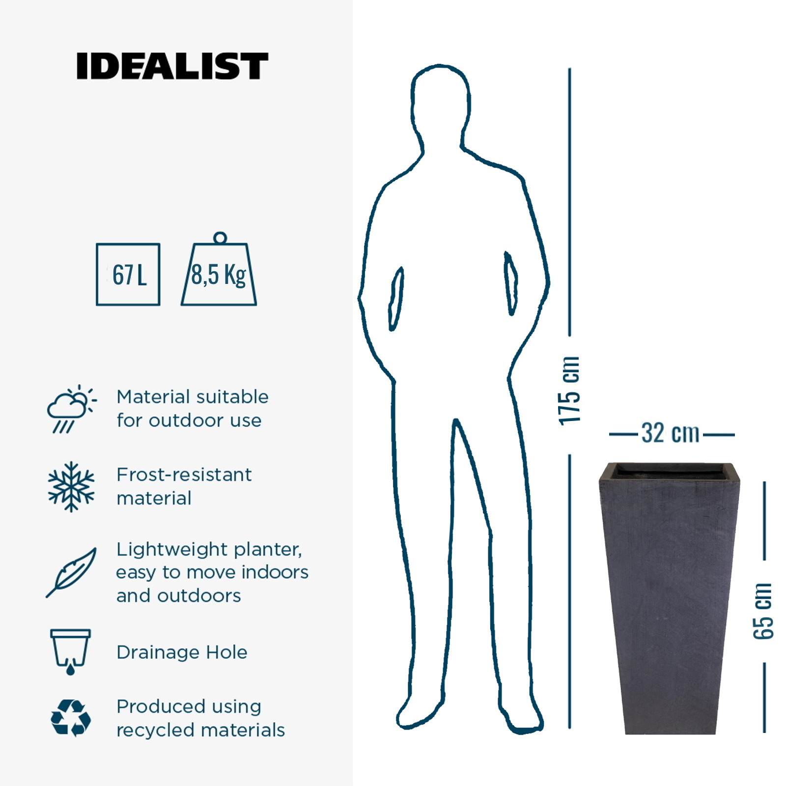 IDEALIST Lite Tall Tapered Contemporary Light Concrete Planter