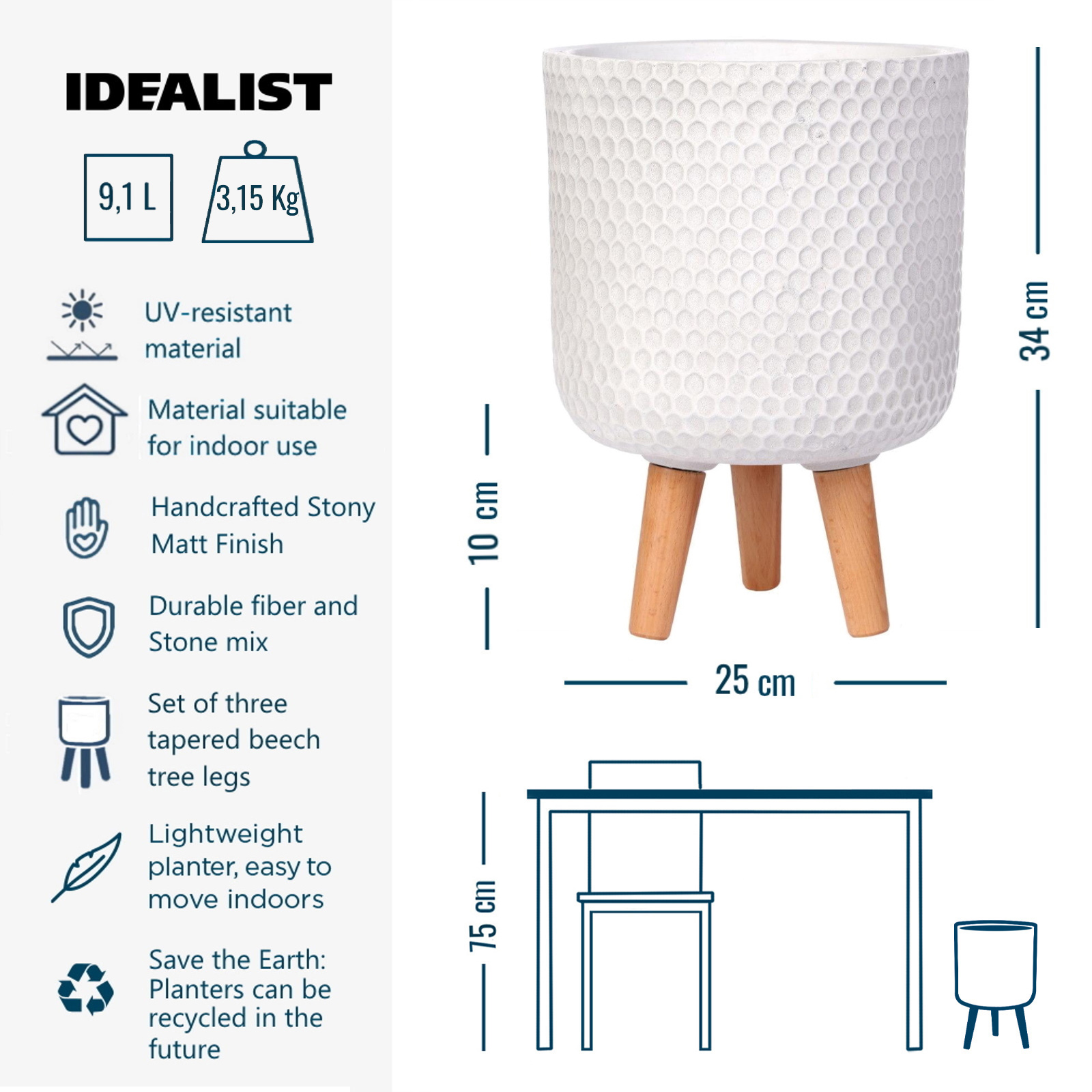 IDEALIST Lite Honeycomb Style Cylinder Planter on Legs, Round Pot Plant Stand Indoor