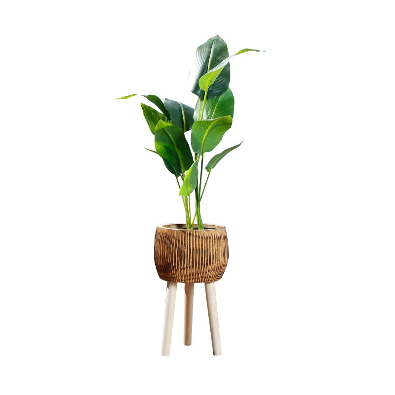 HORTICO RIBBED Wooden House Planter with Legs, Tall Indoor Plant Pot Stand with Waterproof Liner