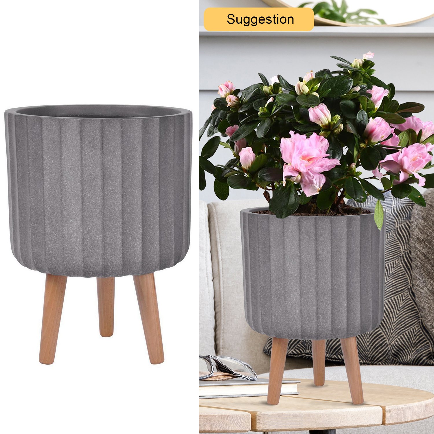 IDEALIST Lite Modern Ribbed Cylinder Planter on Legs, Round Pot Plant Stand Indoor
